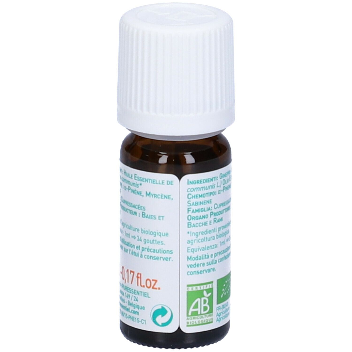 Flacone di vetro marrone con tappo bianco. Retro con ingredienti e certificazione bio. Etichetta.