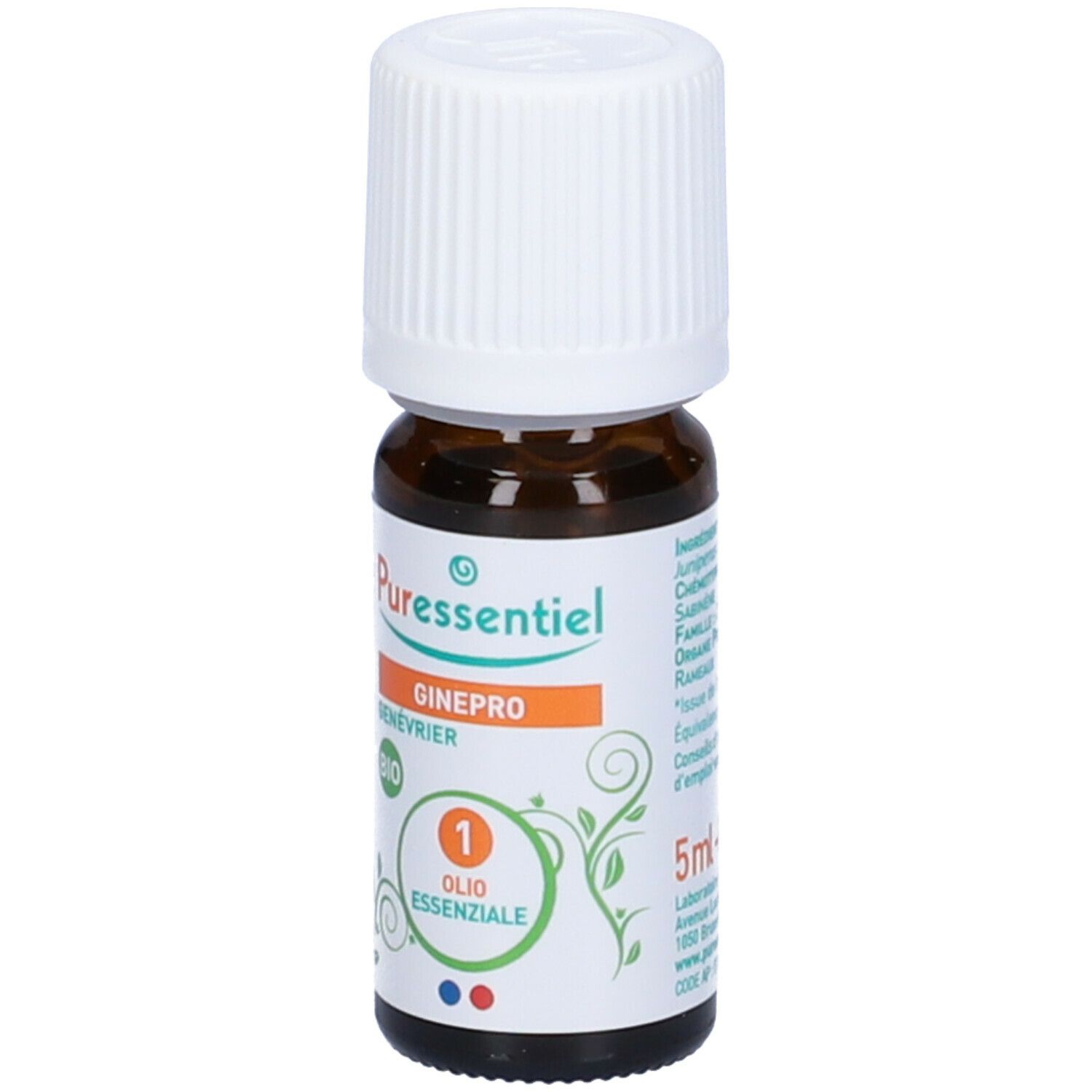 Flacone di vetro marrone con tappo bianco. Etichetta con nome prodotto e volume. Certificazione bio.