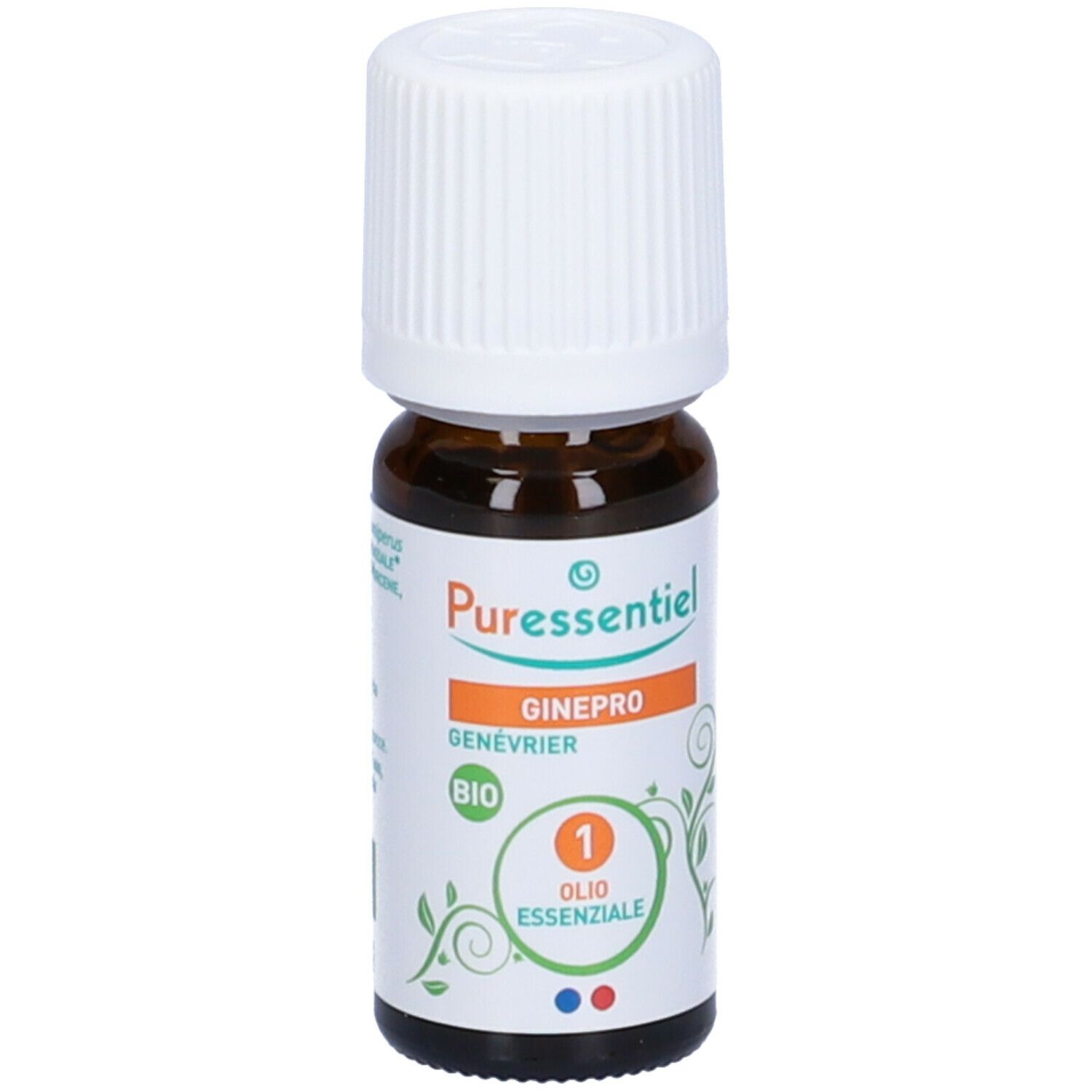 Flacone di vetro marrone con tappo bianco. Etichetta con nome prodotto e volume. Certificazione bio.