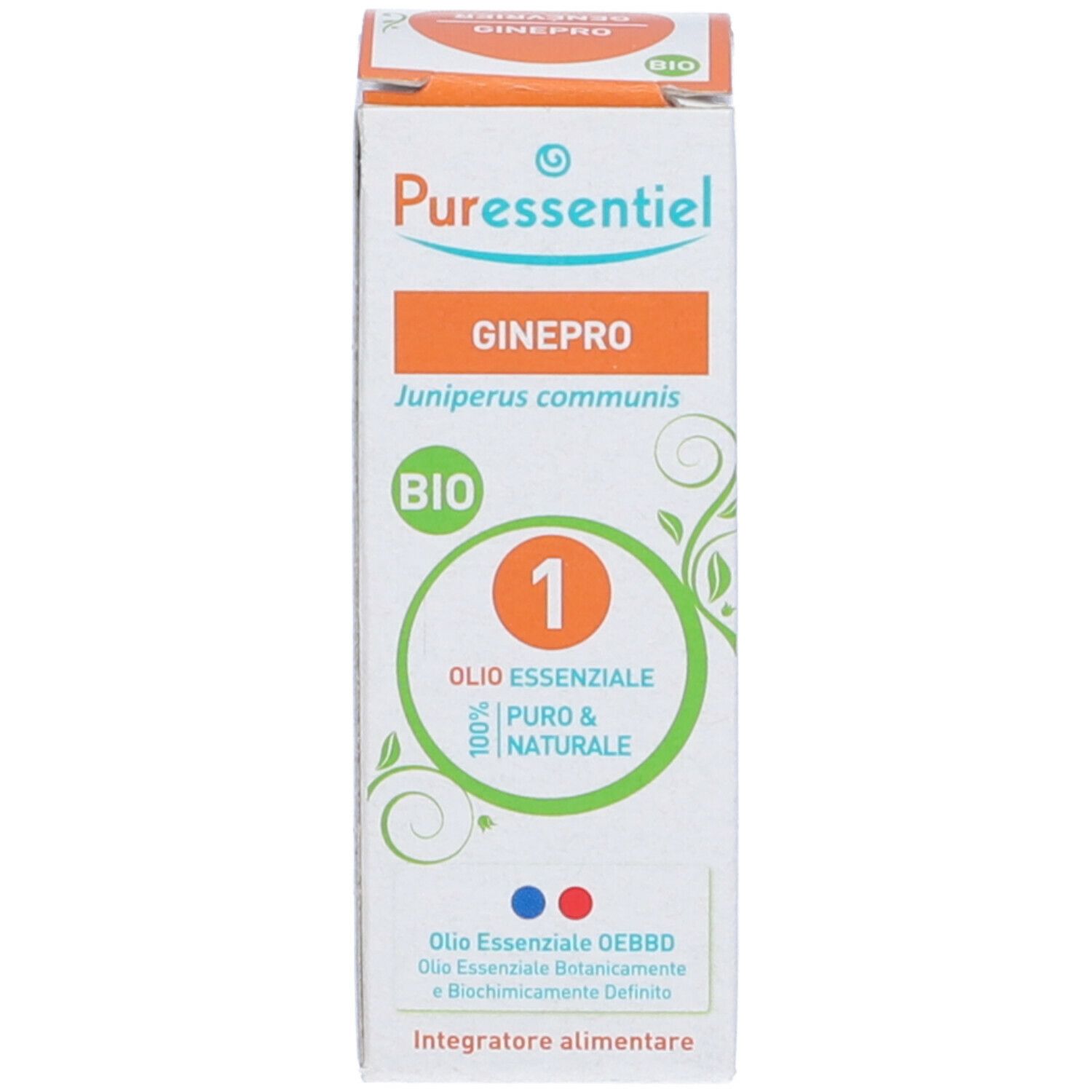 Confezione in cartone con nome prodotto e marchio bio. Flacone con tappo bianco. Olio Essenziale.