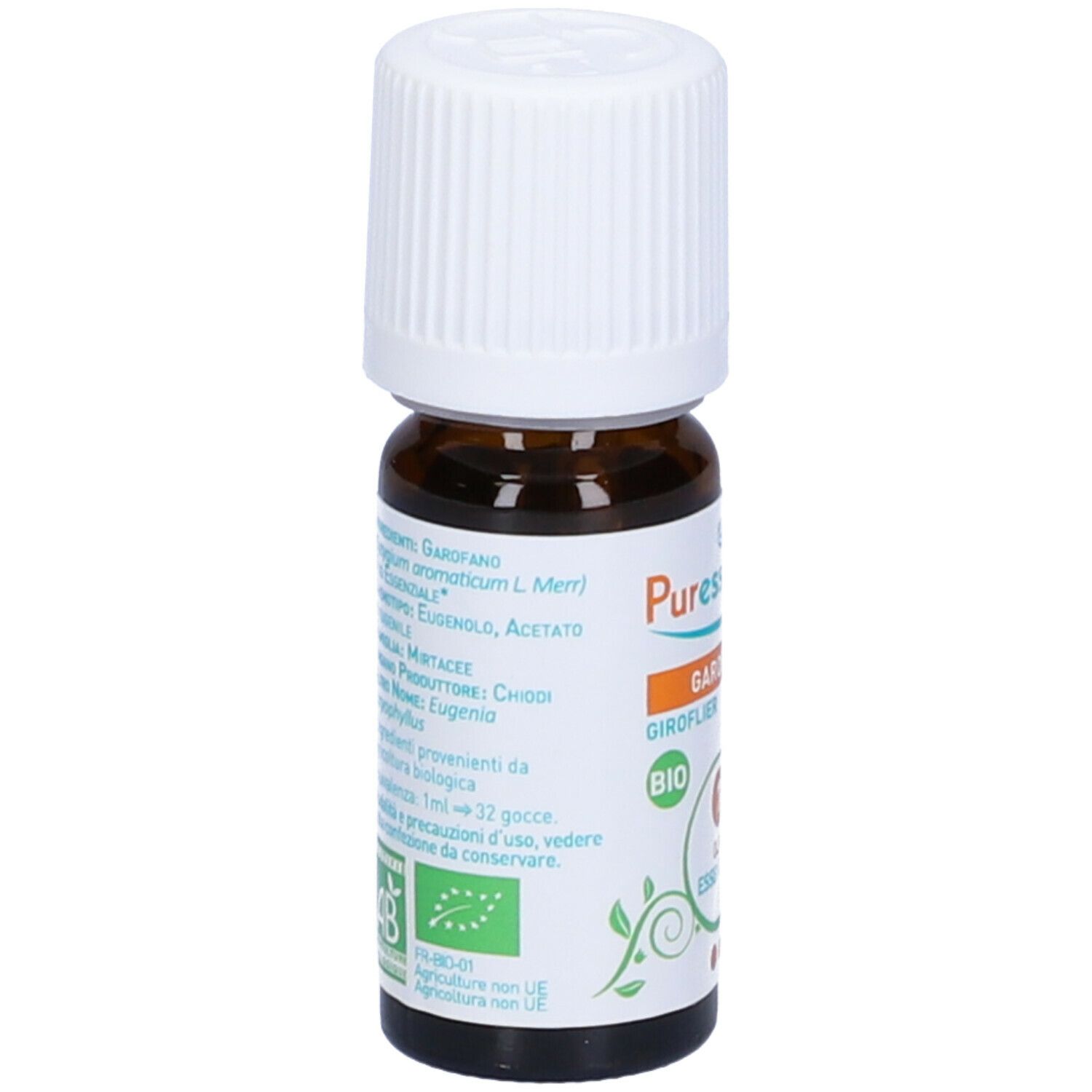 Flacone di vetro marrone con tappo bianco. Etichetta con ingredienti e 'Puressentiel', 'Garofano', 'Bio'.