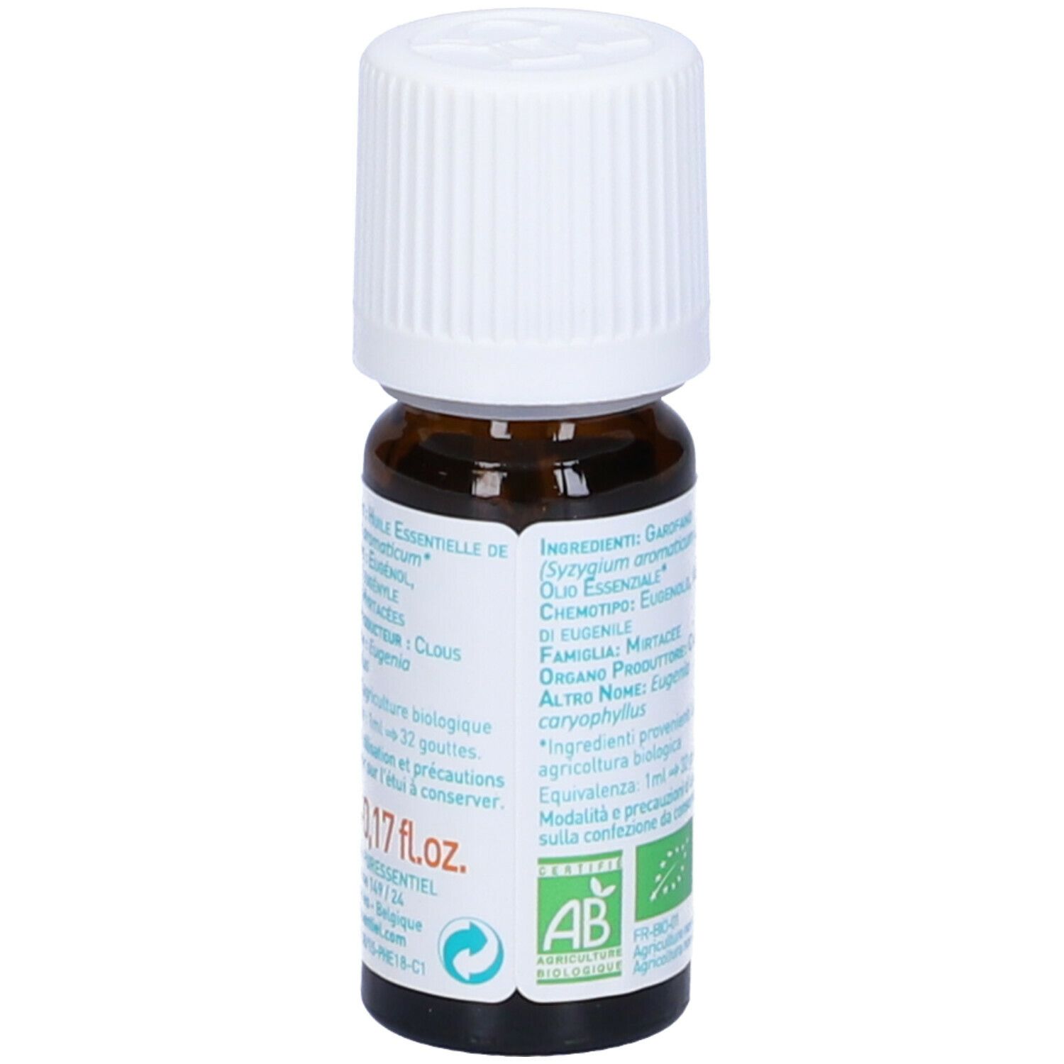 Flacone di vetro marrone con tappo bianco. Etichetta con ingredienti e marchio bio 'AB'.
