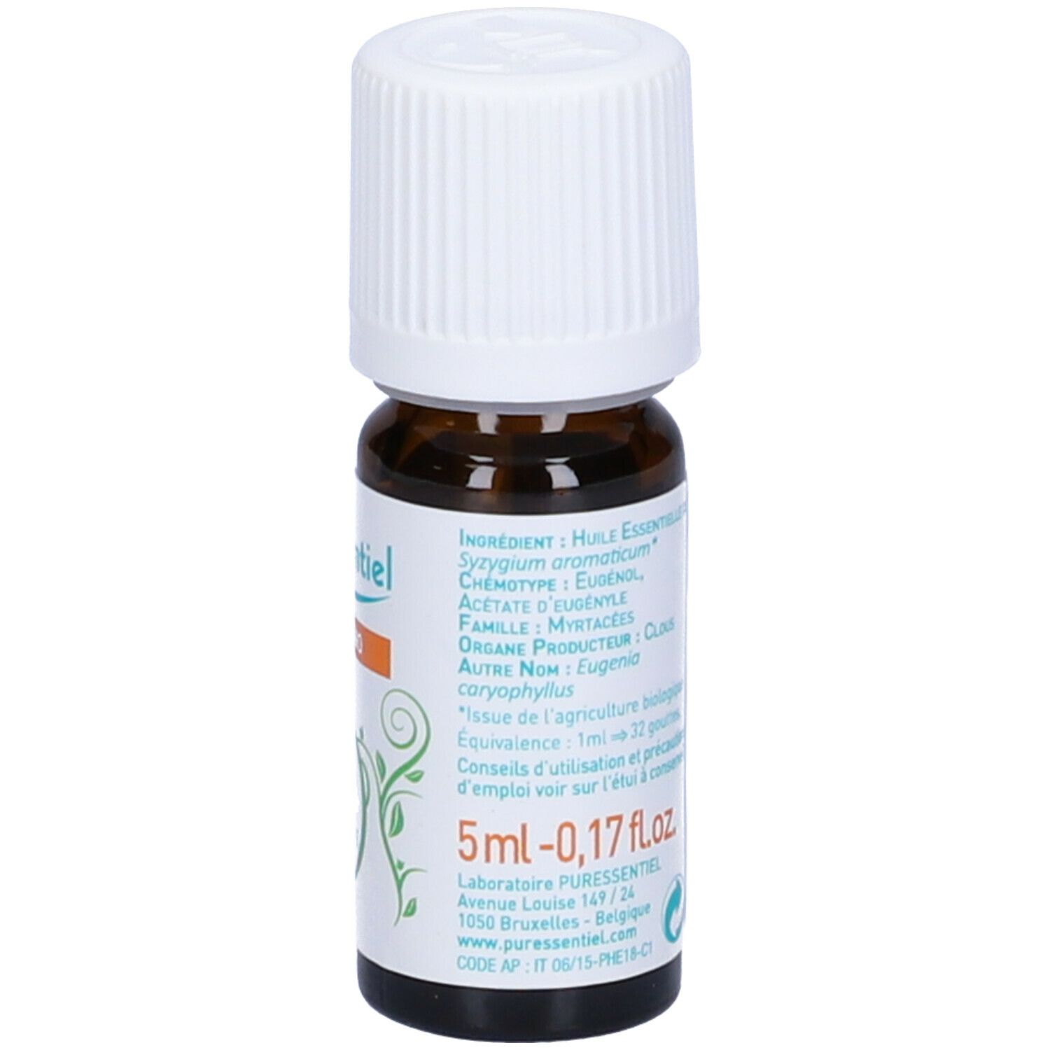 Flacone di vetro marrone con tappo bianco. Etichetta con ingredienti, volume e 'Puressentiel'.