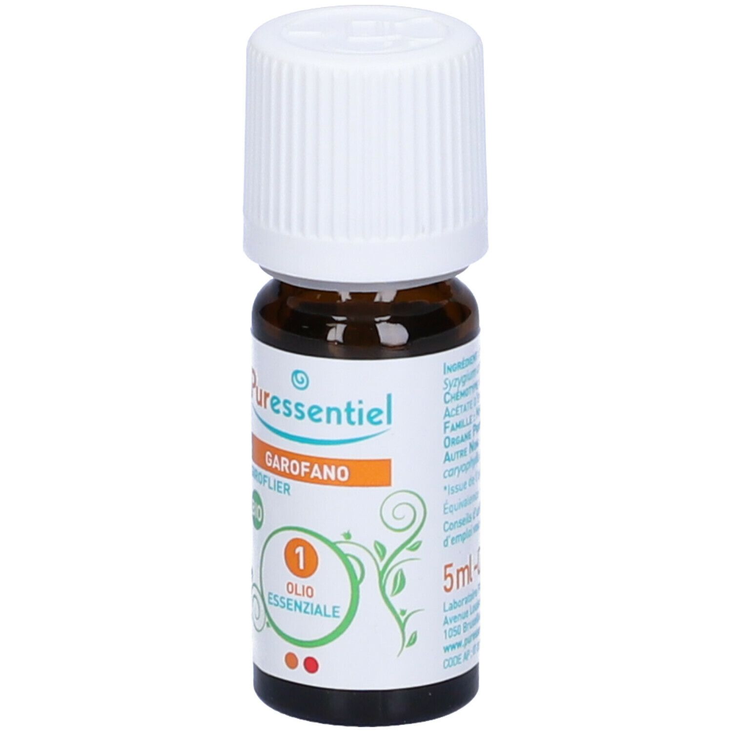 Flacone di vetro marrone con tappo bianco. Etichetta con 'Puressentiel', 'Garofano', 'Bio' e 'Olio Essenziale'.