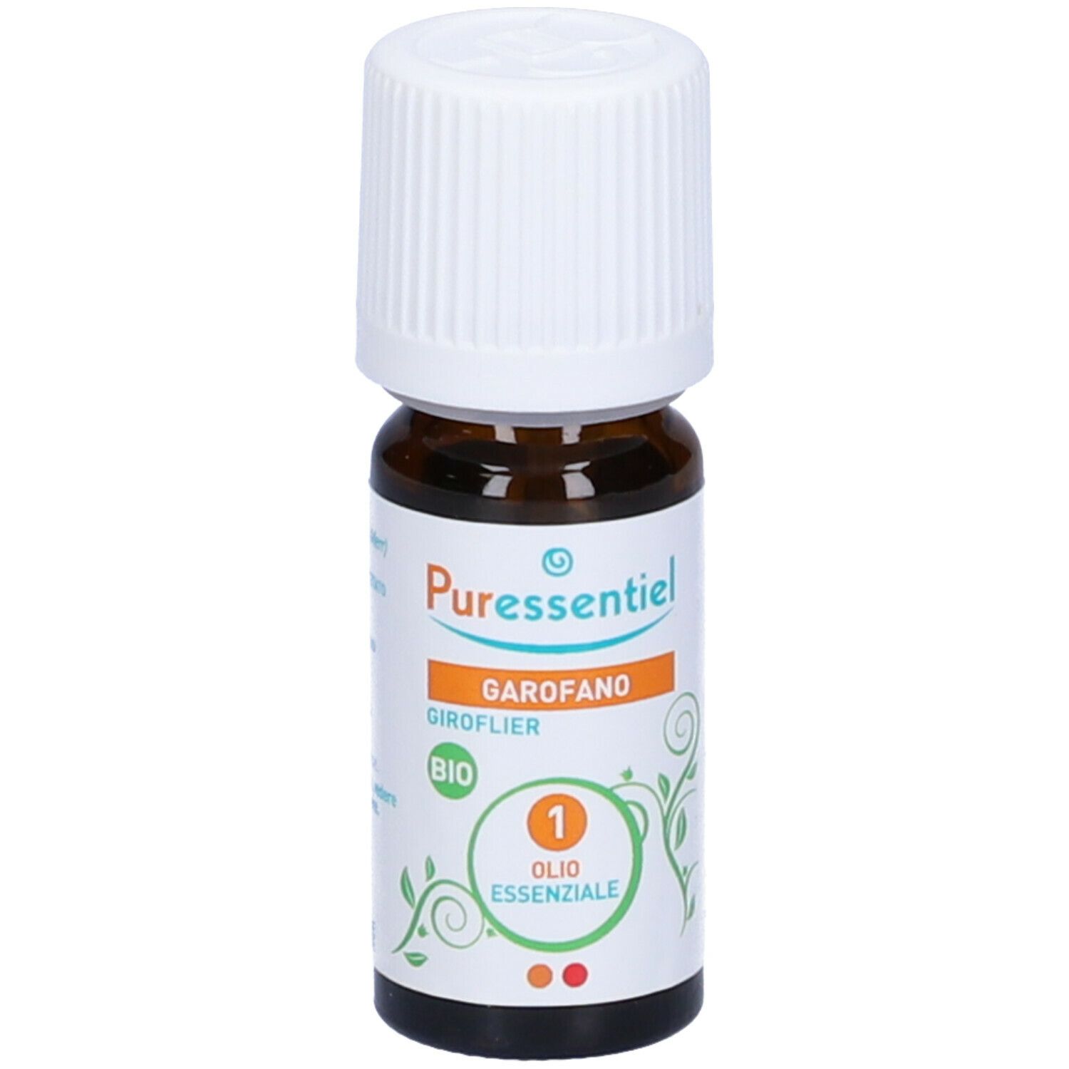 Flacone di vetro marrone con tappo bianco. Etichetta con 'Puressentiel', 'Garofano', 'Bio' e 'Olio Essenziale'.