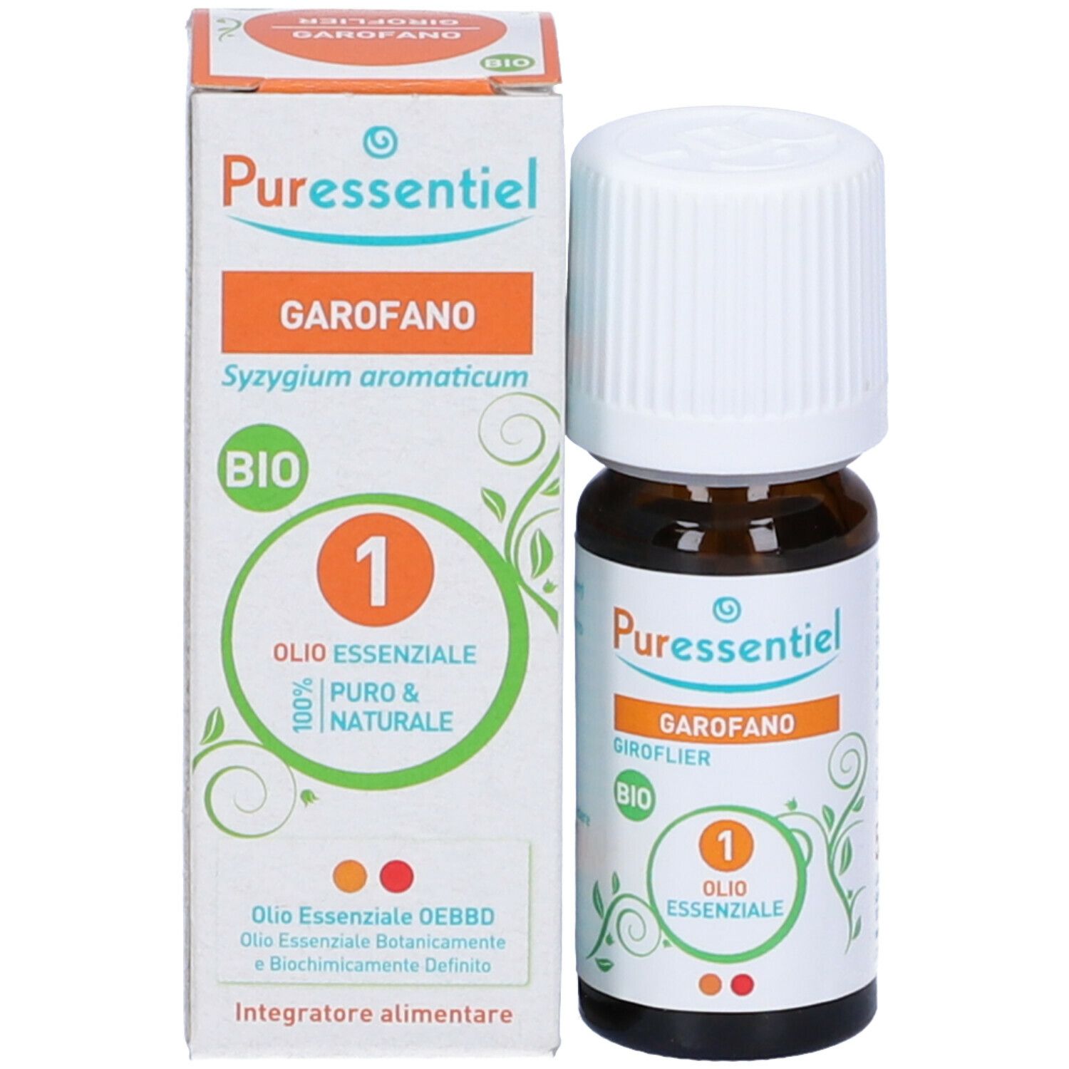 Confezione e flacone. Confezione con 'Puressentiel', 'Garofano', 'Bio' e 'Olio Essenziale'.