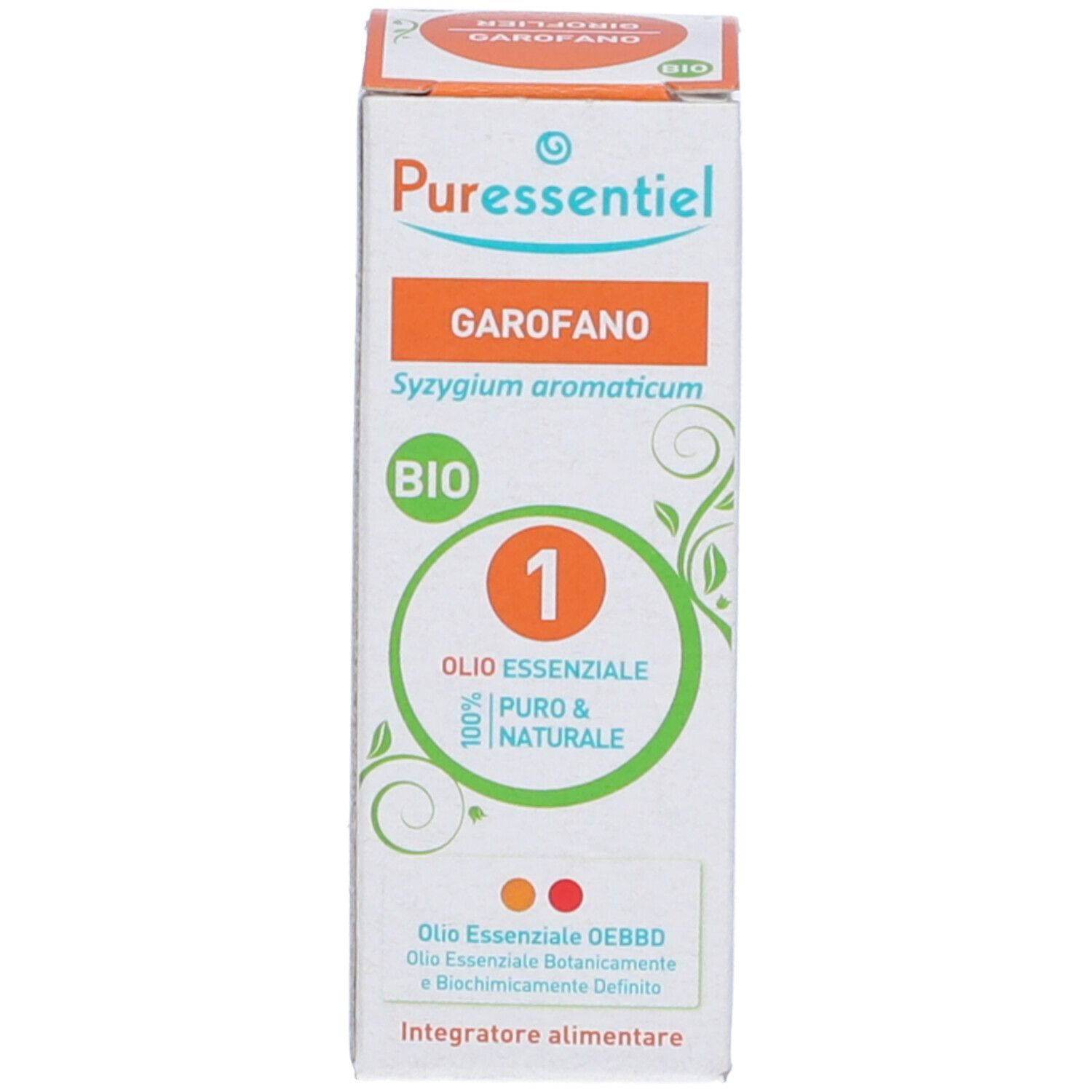 Confezione del prodotto. Confezione con 'Puressentiel', 'Garofano', 'Bio' e 'Olio Essenziale'.