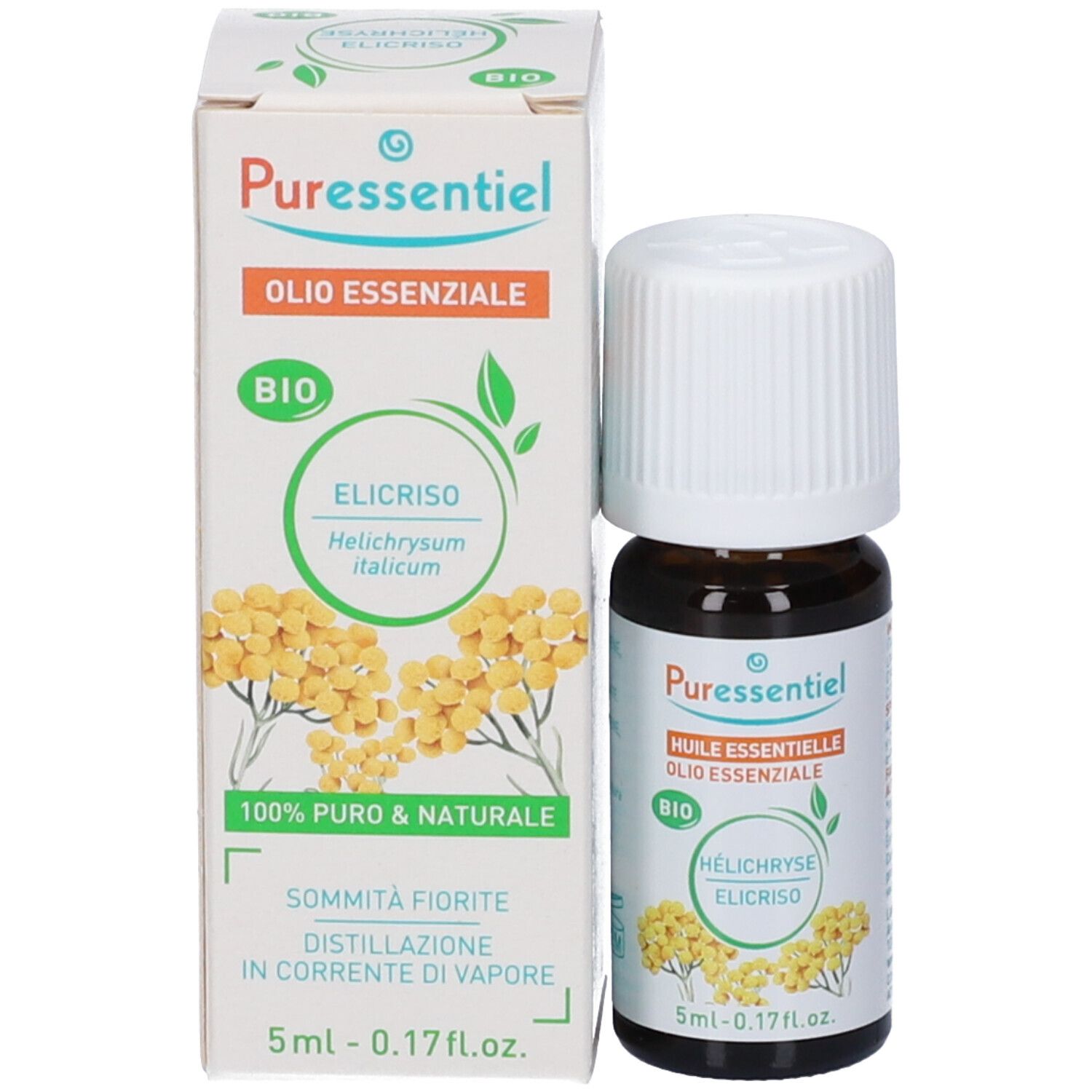 Puressentiel Bio Helichrysum ätherisches Öl in kleiner Braunglasflasche und Faltschachtel.