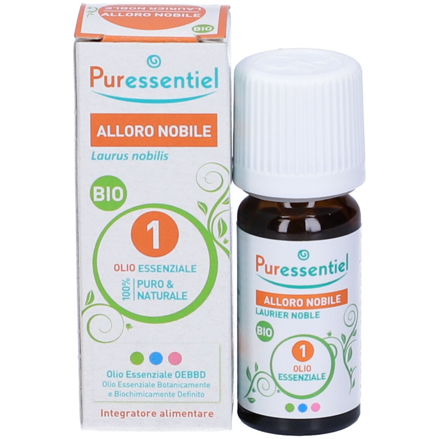 Produktflasche und Verpackung. Flasche mit weißem Deckel, Etikett mit Produktnamen, Marke Puressentiel und Bio-Siegel. Karton mit Logo.