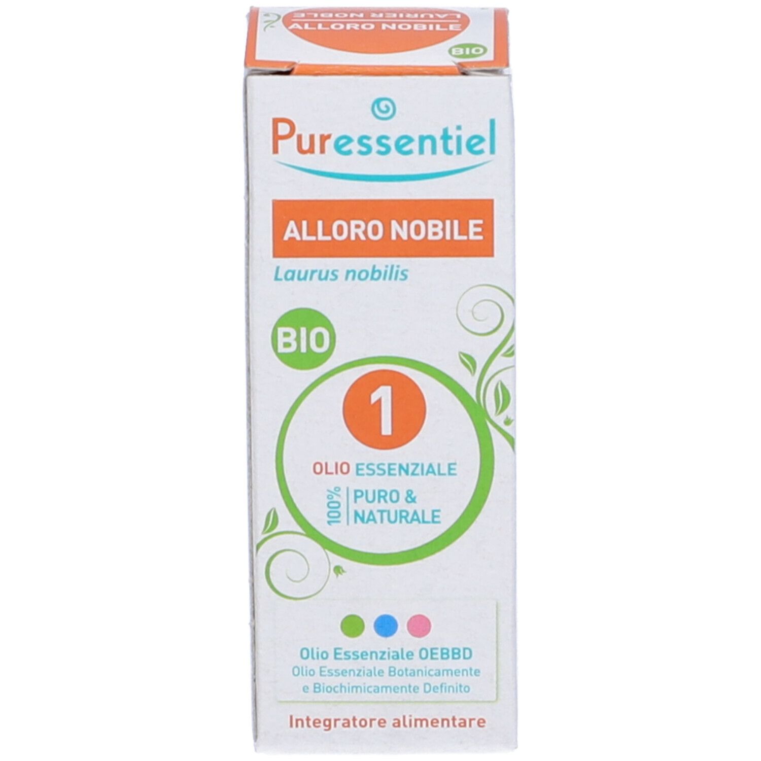 Produktverpackung. Karton mit Produktnamen, Marke Puressentiel und Bio-Siegel. Aufschrift: Alloro Nobile, Olio Essenziale.