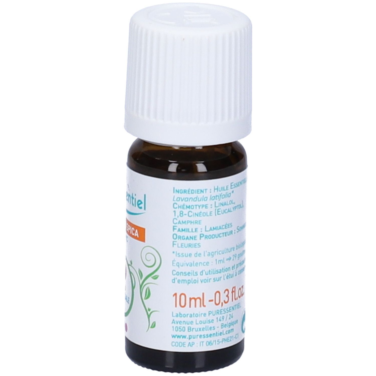 Flacone di vetro marrone con tappo bianco. Etichetta con nome del prodotto e indicazione del volume. Sigillo bio.