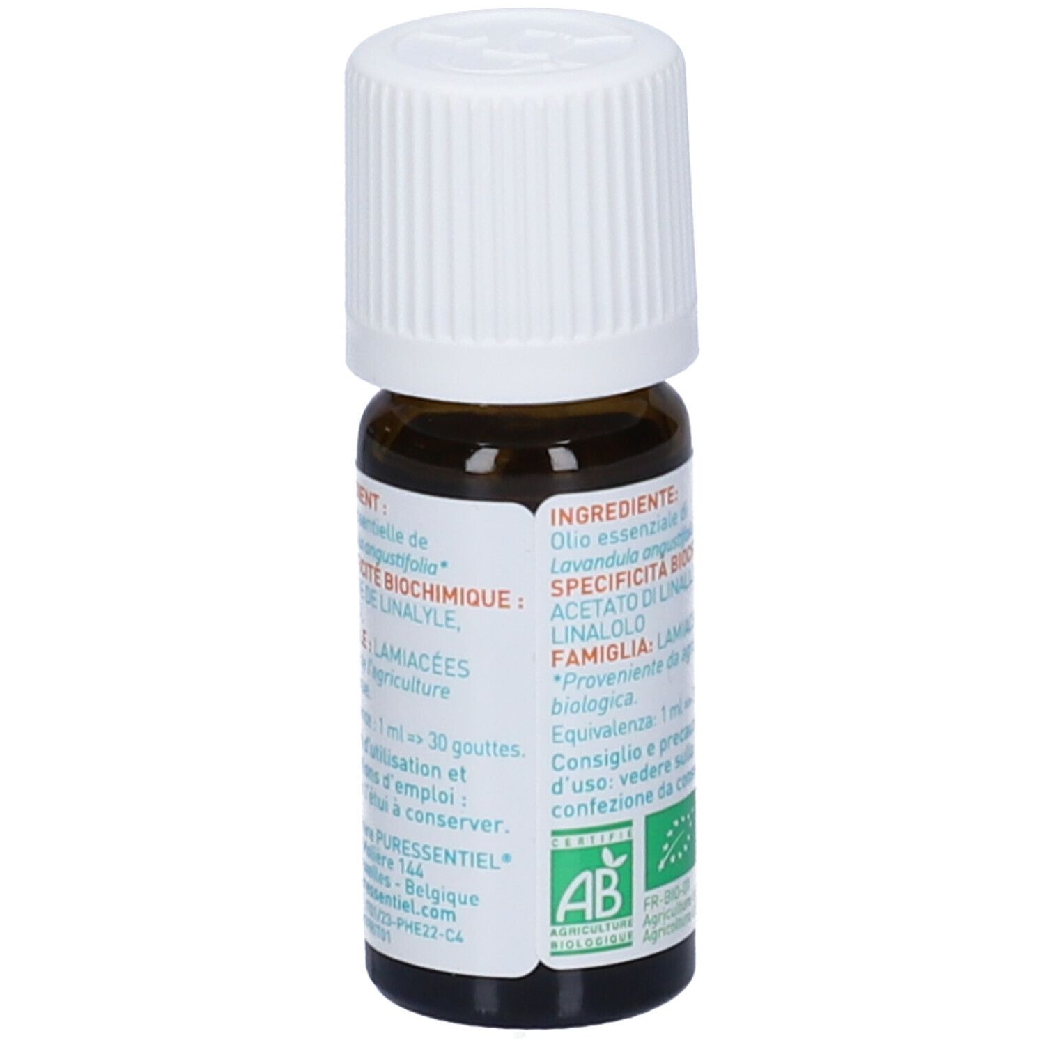 Braune Glasflasche mit weißem Deckel. Etikett mit Inhaltsstoffen, Bio-Siegel und Produktinformationen. 10ml.