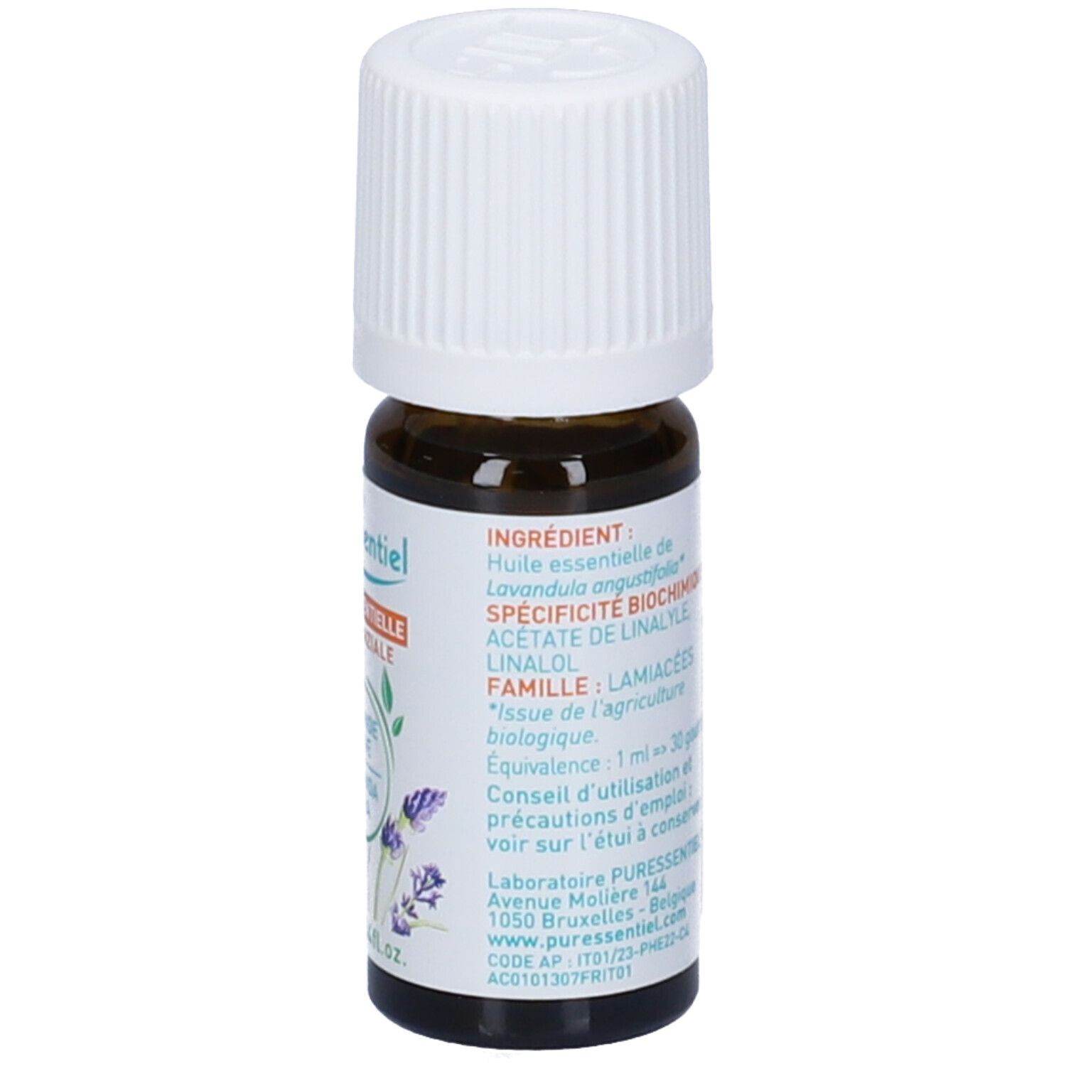 Braune Glasflasche mit weißem Deckel. Etikett mit Inhaltsstoffen, Bio-Siegel und Produktinformationen. 10ml.