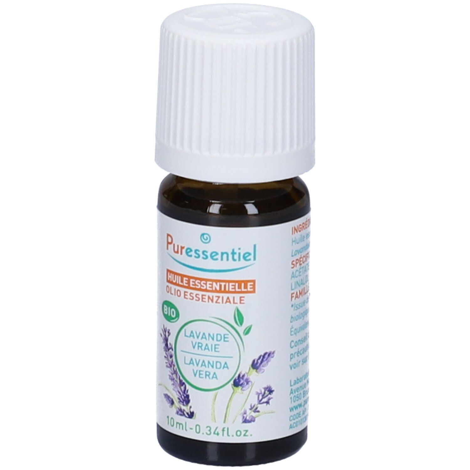 Braune Glasflasche mit weißem Deckel. Etikett mit Produktnamen, Lavendel-Illustration und Bio-Siegel. 10ml.