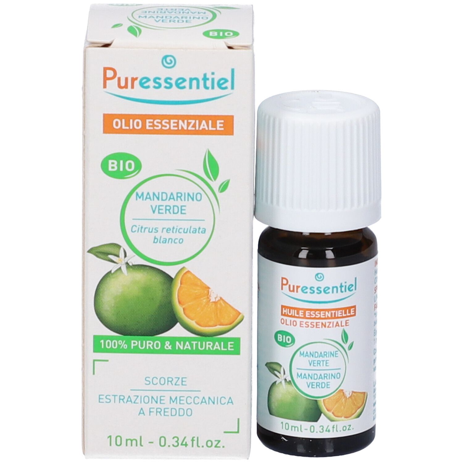 Produktverpackung und Flasche. Verpackung mit Logo, Produktname und Bio-Siegel. Flasche mit weißem Verschluss, Etikett.
