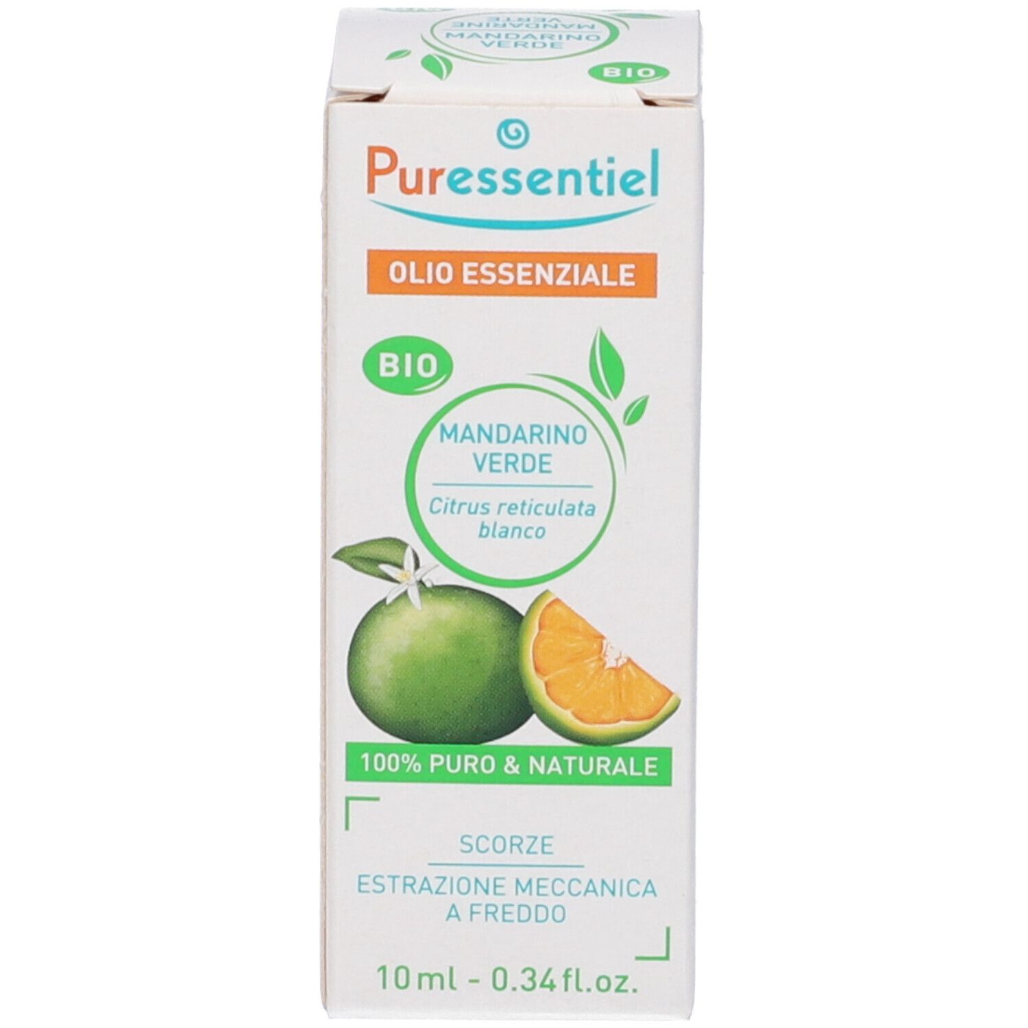 Weiße Produktverpackung mit Logo, Produktname und Bio-Siegel. Abbildung einer Mandarine. Text in italienischer Sprache.