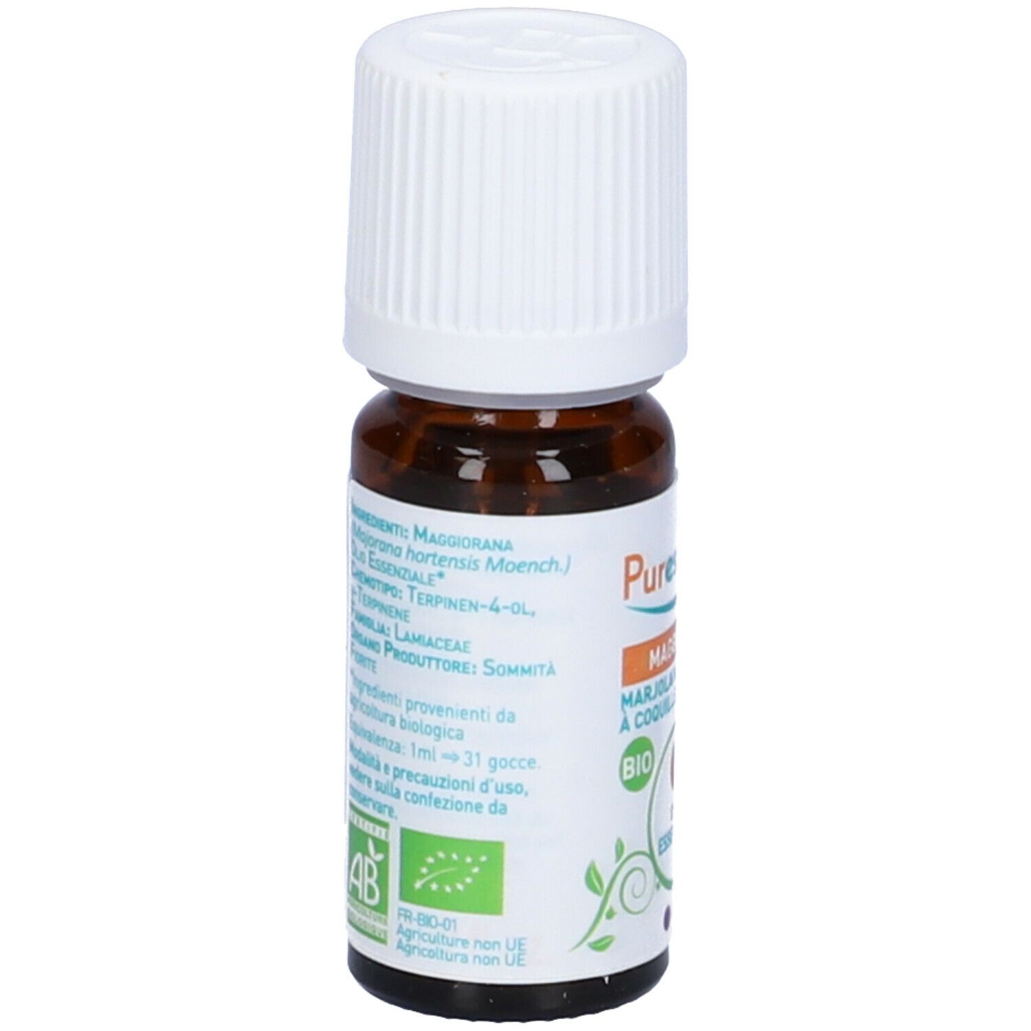 Flacone di vetro marrone con tappo bianco. Etichetta con testo e certificazione Bio. Foglie verdi.