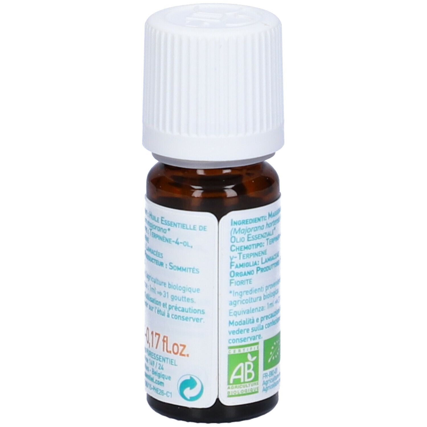 Flacone di vetro marrone con tappo bianco. Etichetta con testo e certificazione Bio. Foglie verdi.
