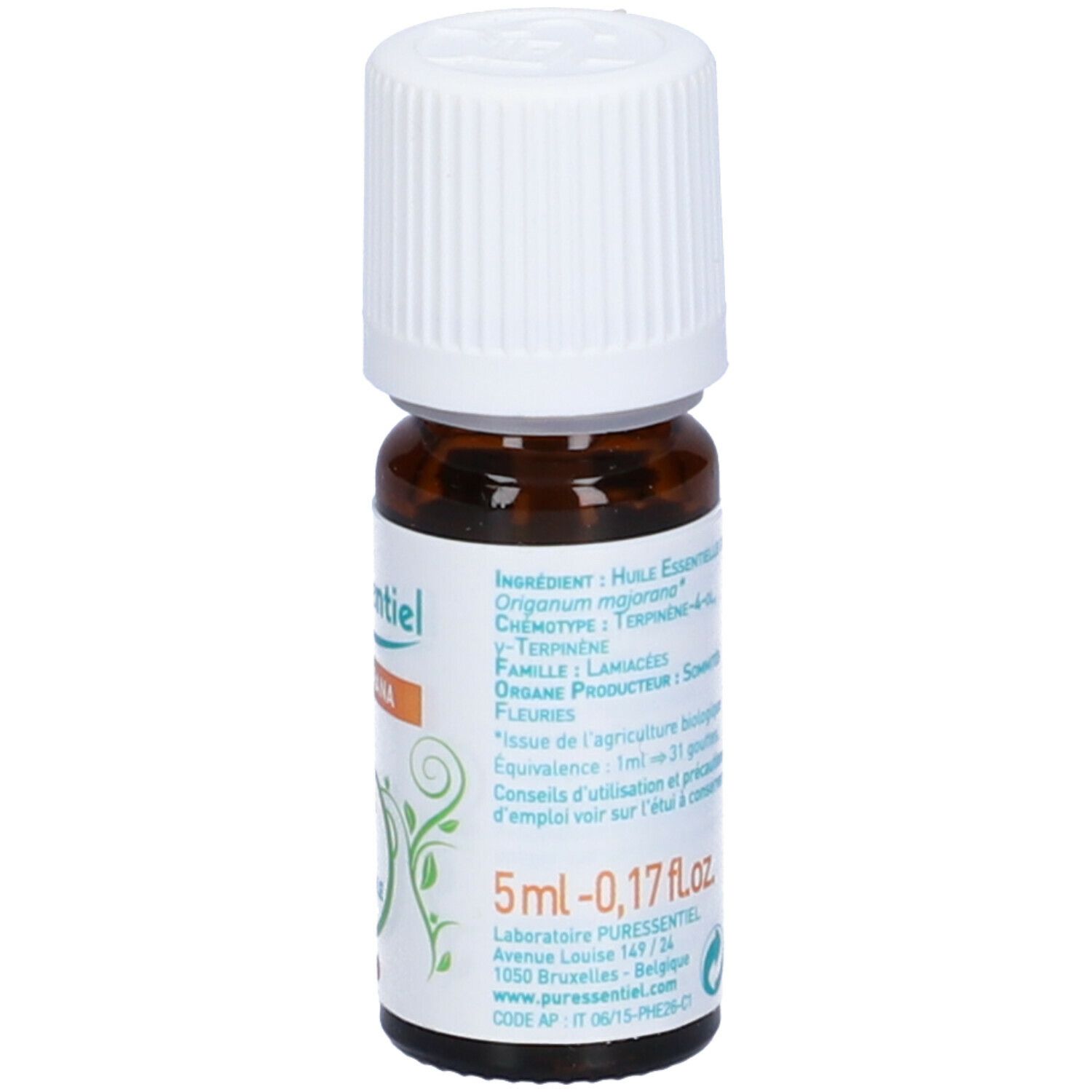 Flacone di vetro marrone con tappo bianco. Etichetta con testo e certificazione Bio. 5 ml.