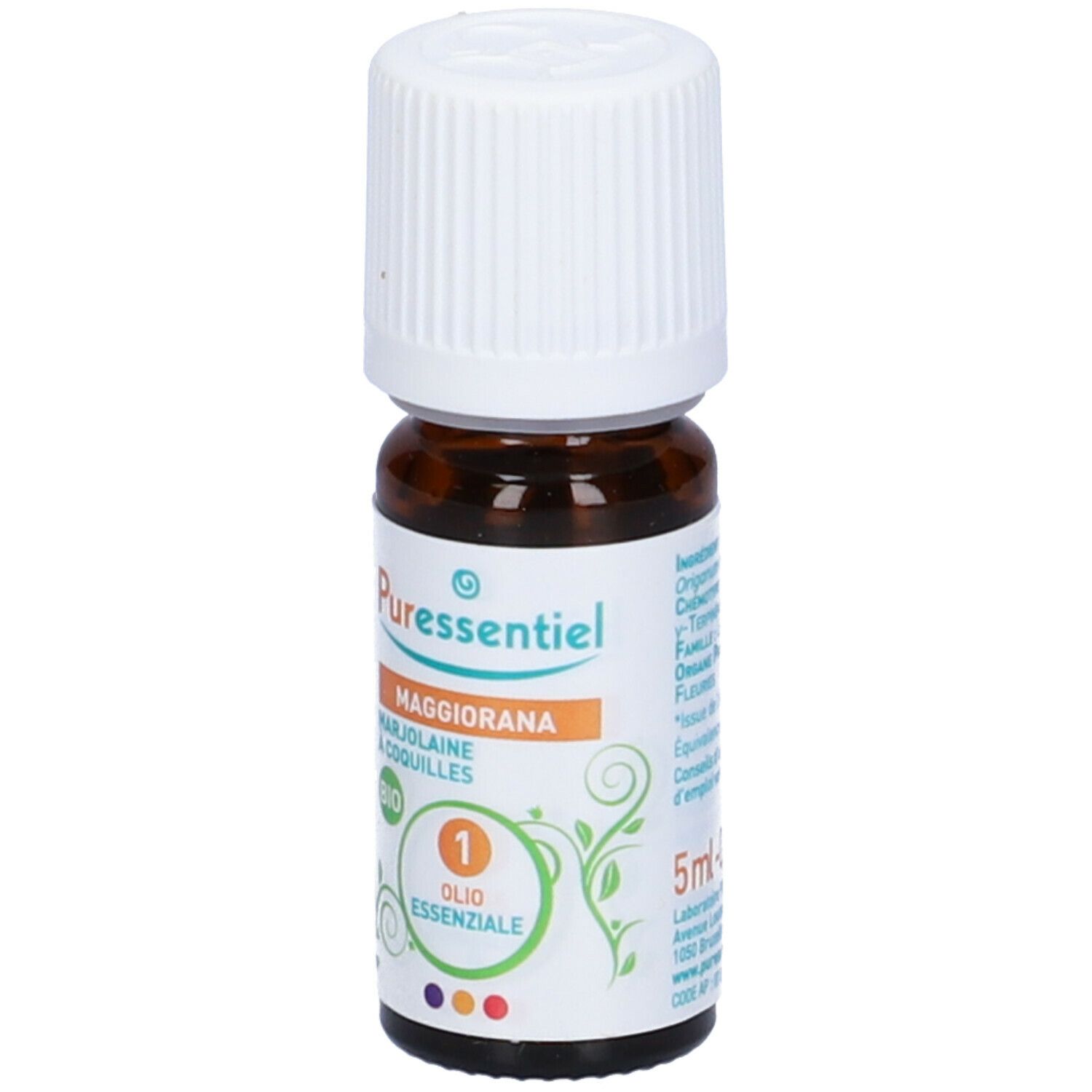 Flacone di vetro marrone con tappo bianco. Etichetta con testo: Maggiorana, Bio. 5 ml.
