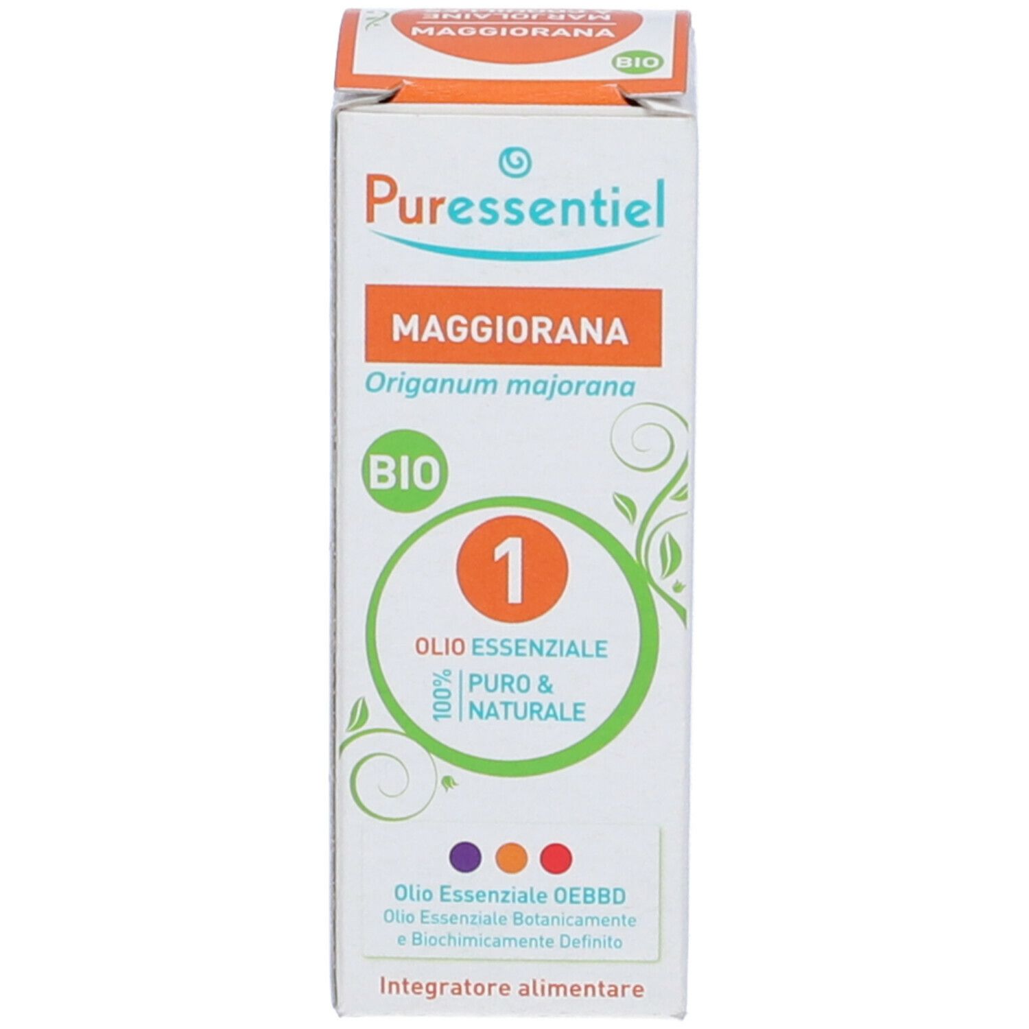 Confezione del prodotto. Scatola con testo: Maggiorana, Bio. Logo e cerchi colorati.