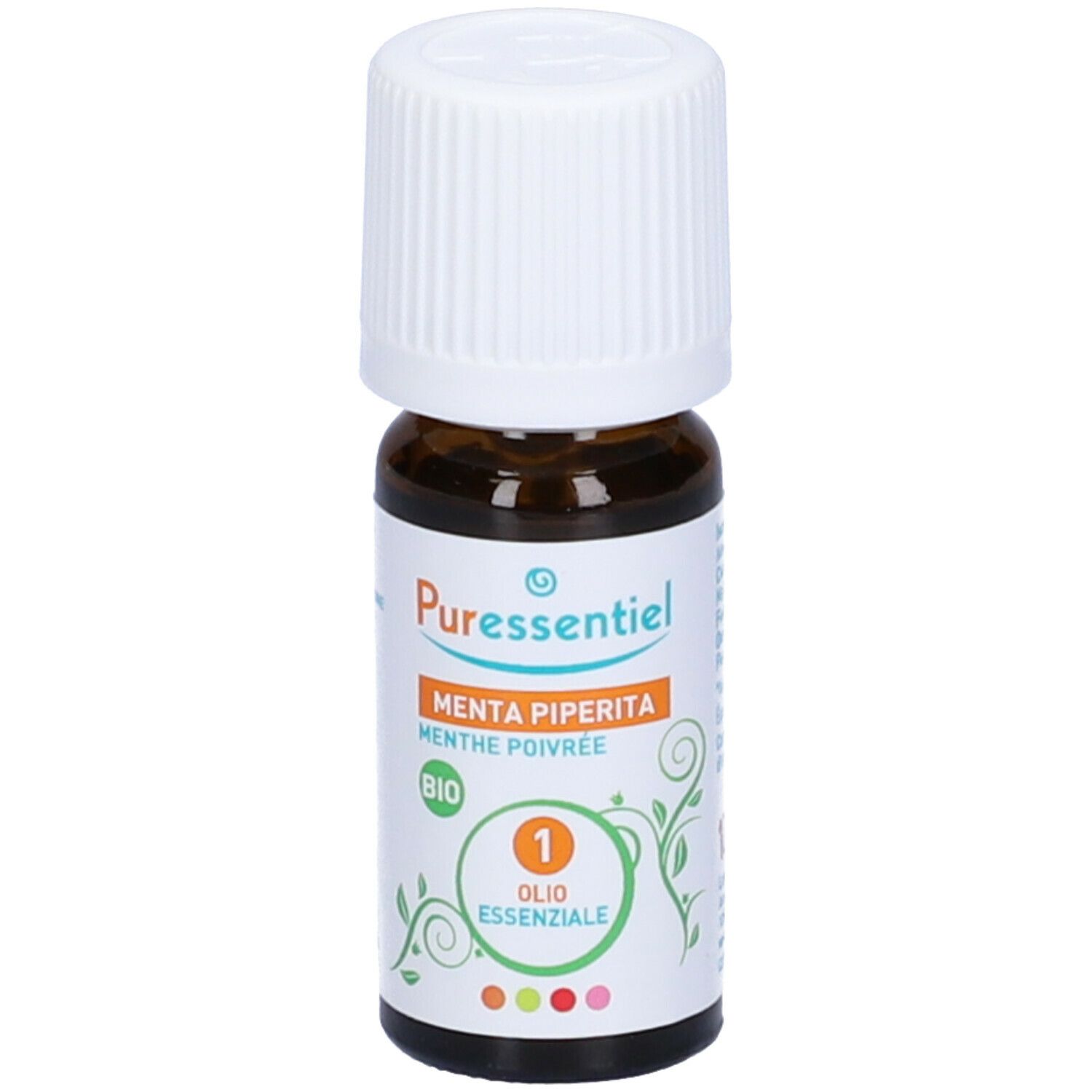 Puressentiel Olio Essenziale Menta Piperita. Flacone in vetro marrone, tappo bianco. Certificazione Bio.