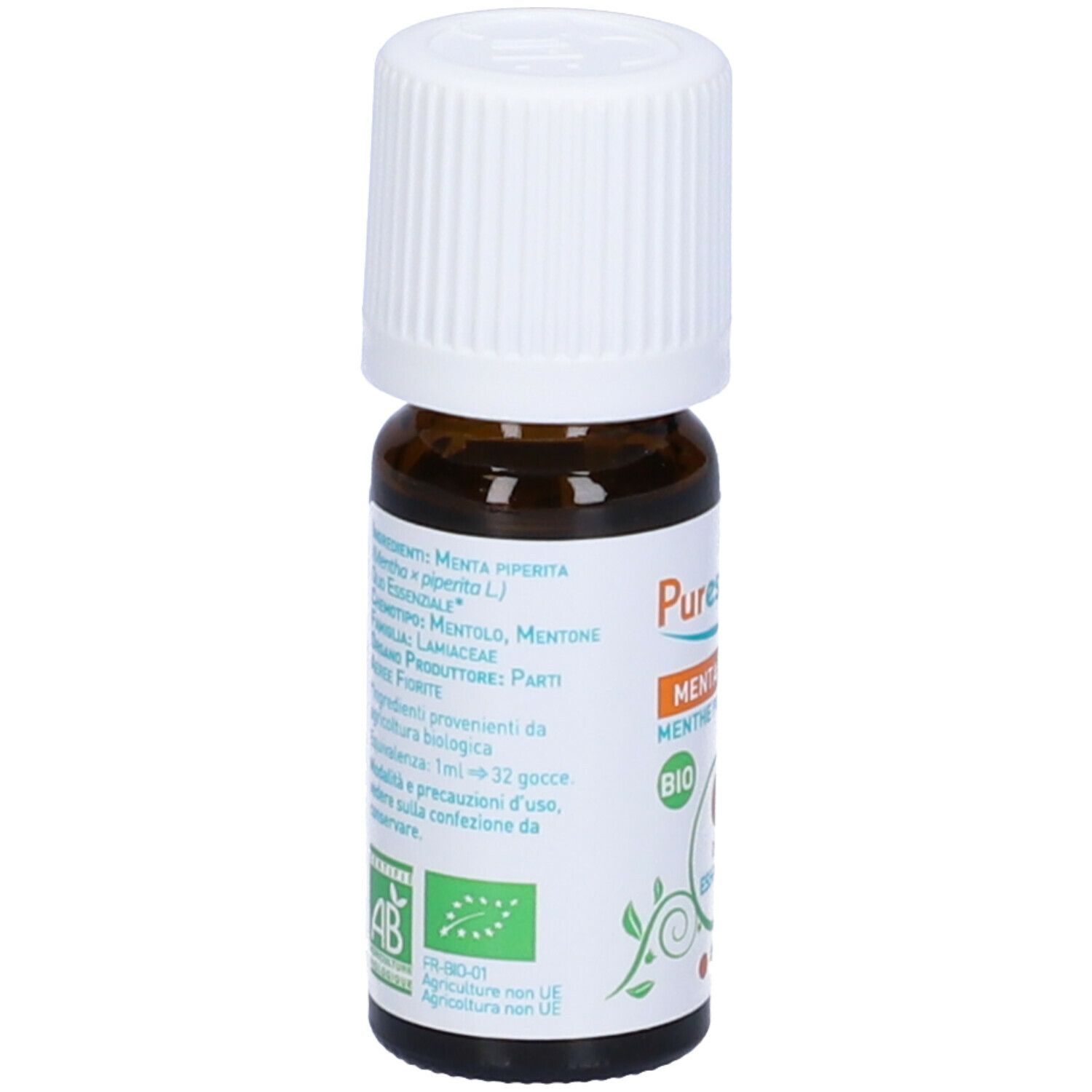 Puressentiel Olio Essenziale Menta Piperita. Retro del flacone. Elenco ingredienti, certificazione Bio.