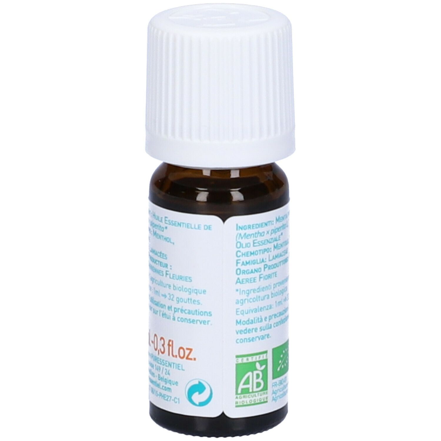 Puressentiel Olio Essenziale Menta Piperita. Retro del flacone. Elenco ingredienti, certificazione Bio.