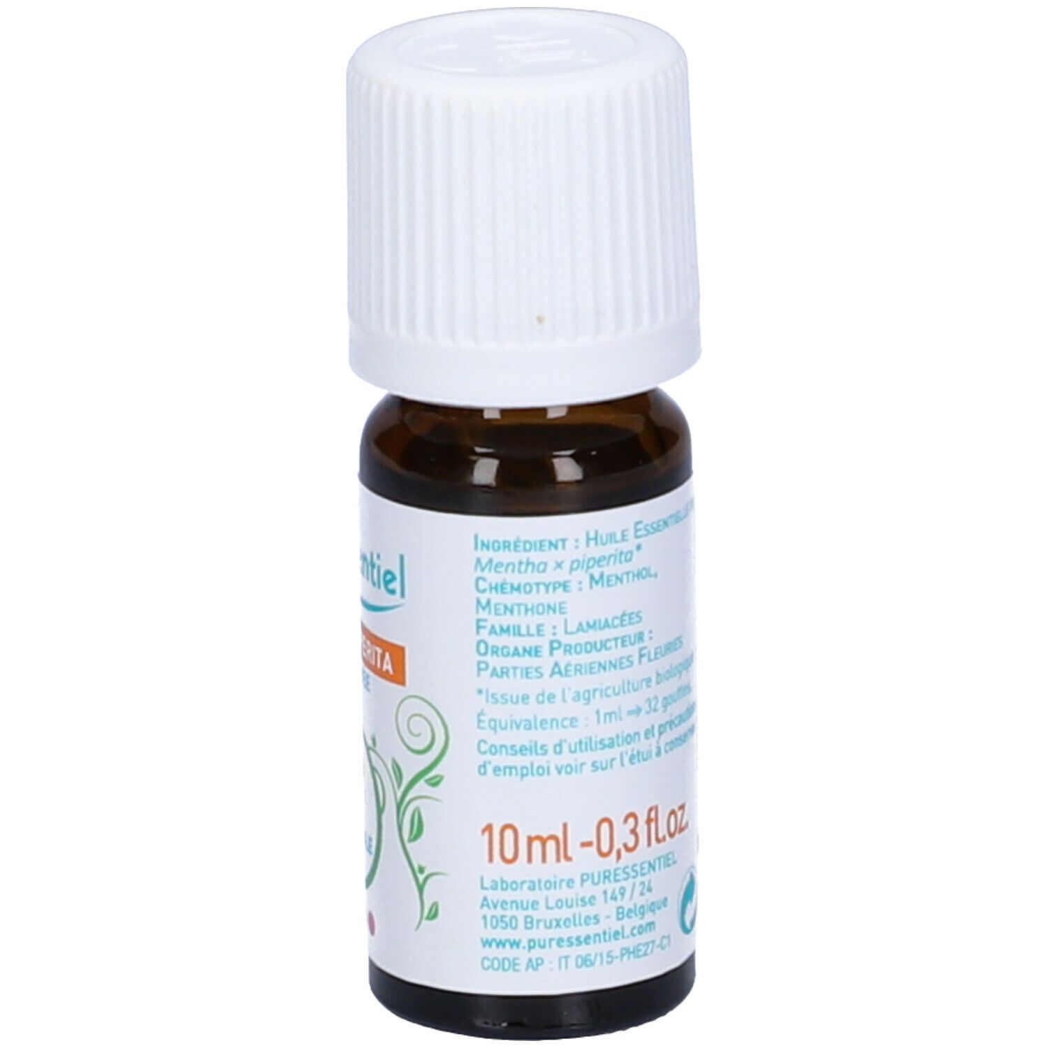 Puressentiel Olio Essenziale Menta Piperita. Flacone in vetro marrone, tappo bianco. 10 ml.