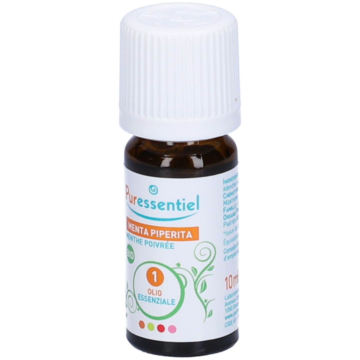 Puressentiel Olio Essenziale Menta Piperita. Flacone in vetro marrone, tappo bianco. 10 ml.