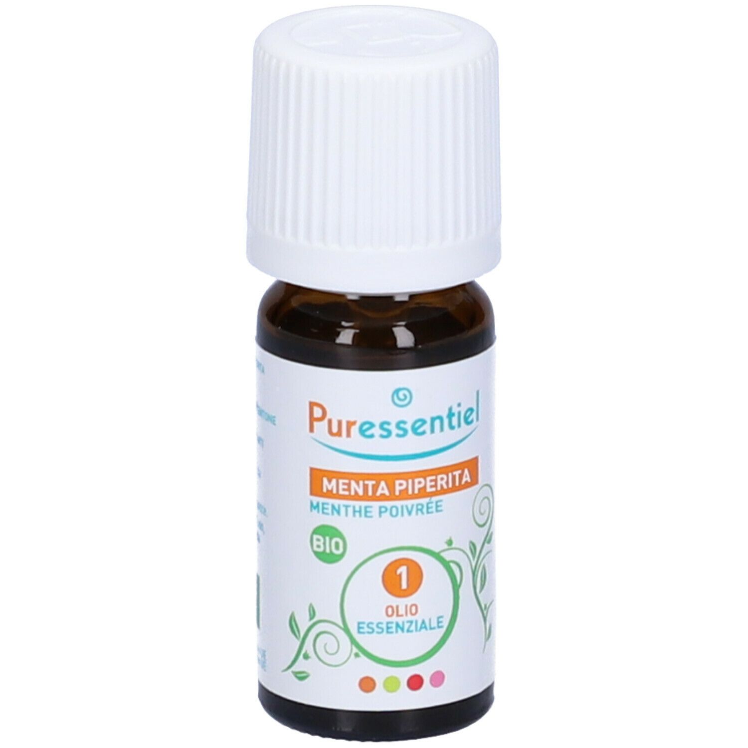 Puressentiel Olio Essenziale Menta Piperita. Flacone in vetro marrone, tappo bianco. Certificazione Bio.