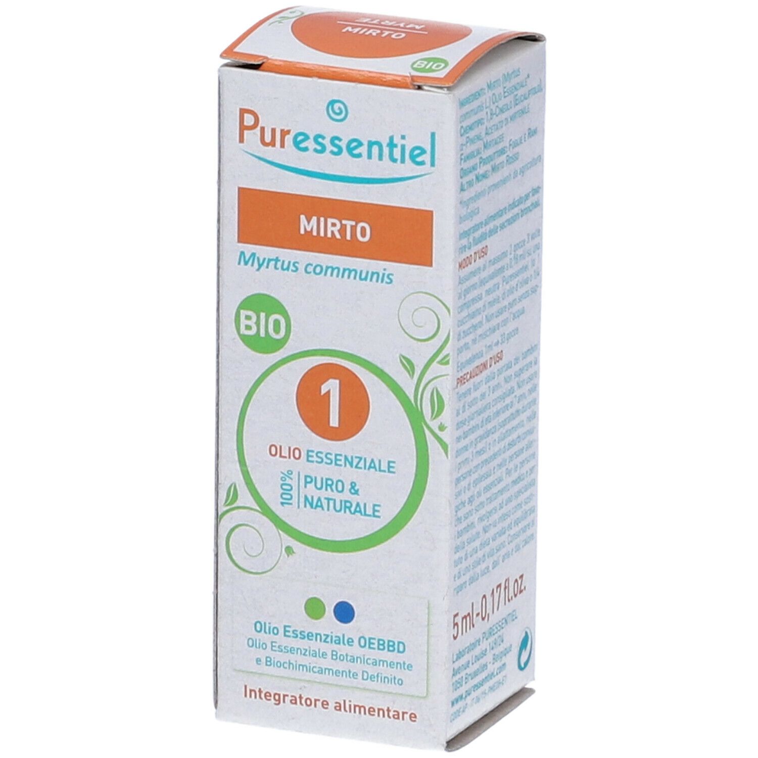 Scatola con informazioni sul prodotto. Scritto: Mirto, Bio, 1, Olio Essenziale. Marchio: Puressentiel.