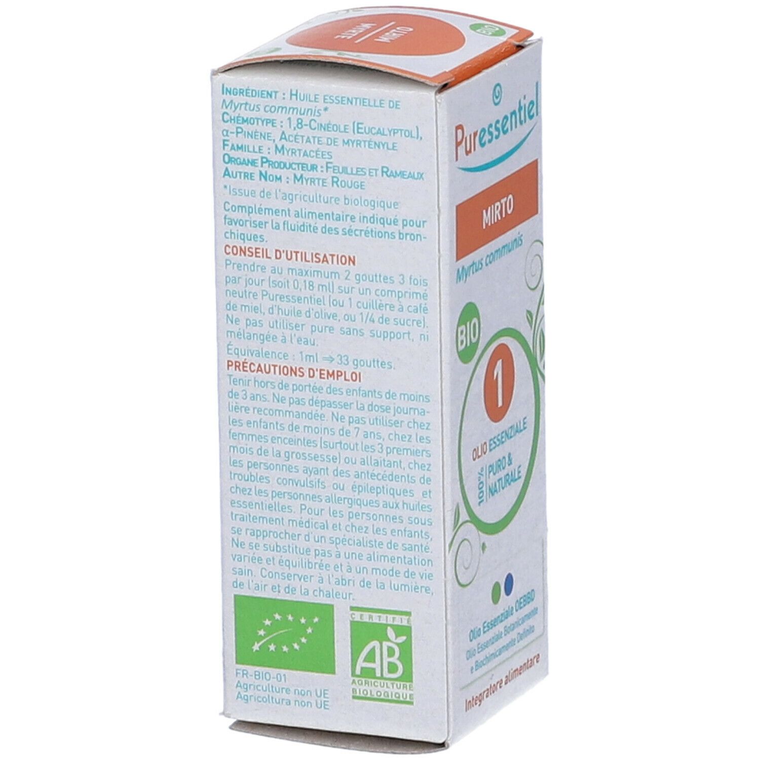 Scatola con informazioni sul prodotto. Scritto: Mirto, Bio, 1, Olio Essenziale. Marchio: Puressentiel. Certificazione.