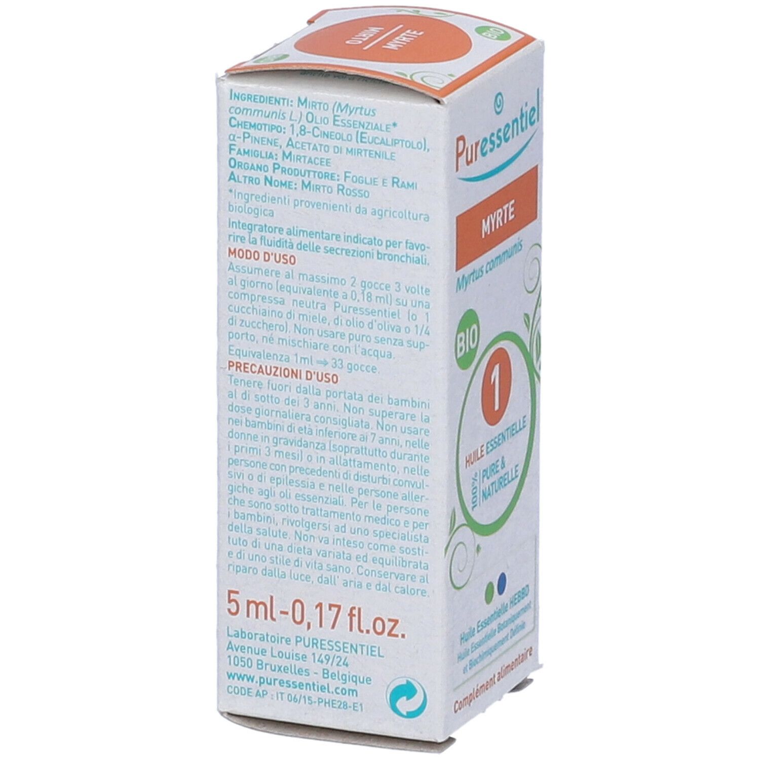 Scatola con informazioni sul prodotto. Scritto: Mirto, Bio, 1, Olio Essenziale. Marchio: Puressentiel. 5 ml.