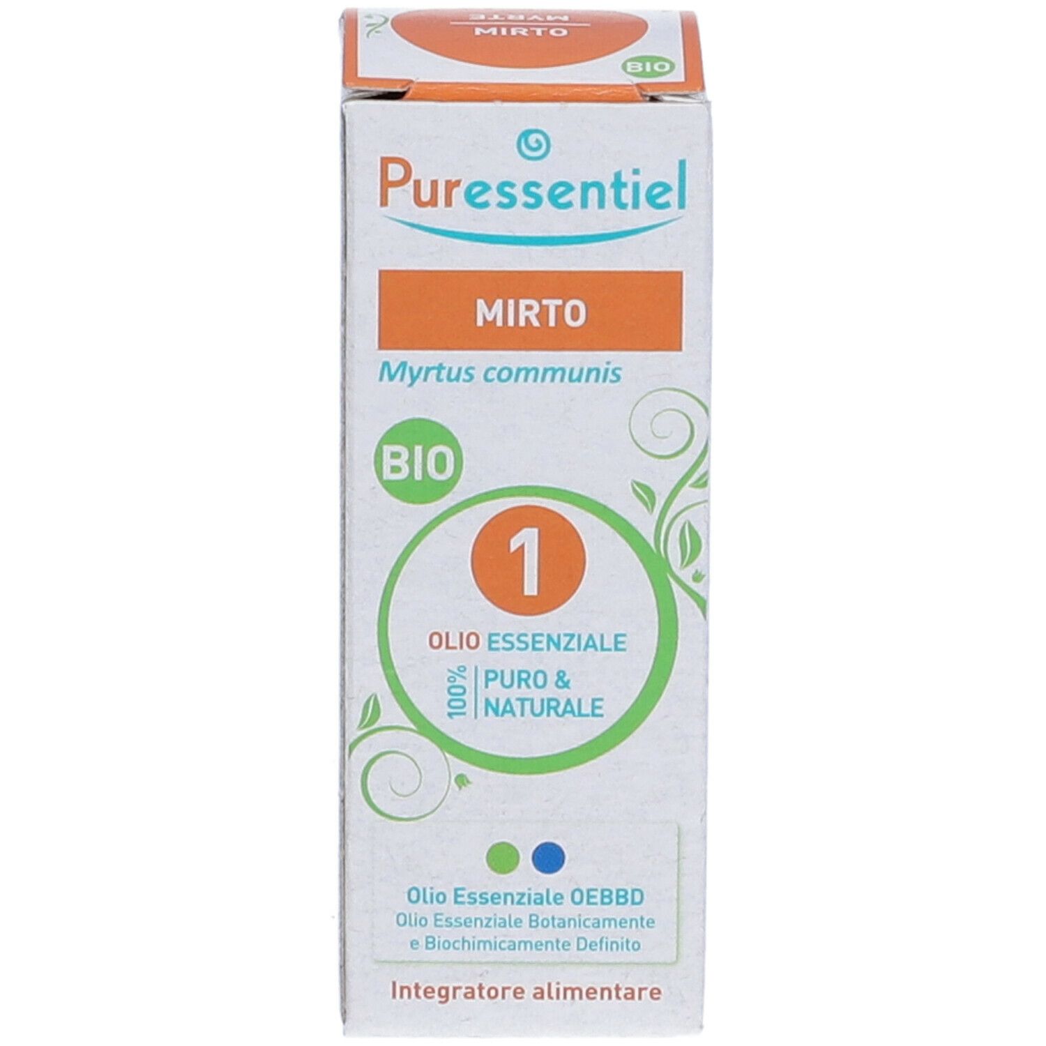 Scatola con informazioni sul prodotto. Scritto: Mirto, Bio, 1, Olio Essenziale. Marchio: Puressentiel.