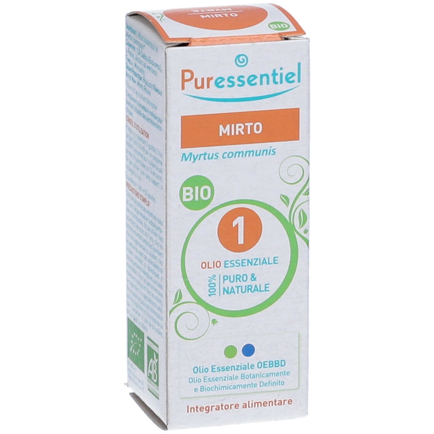 Scatola con informazioni sul prodotto. Scritto: Mirto, Bio, 1, Olio Essenziale. Marchio: Puressentiel.
