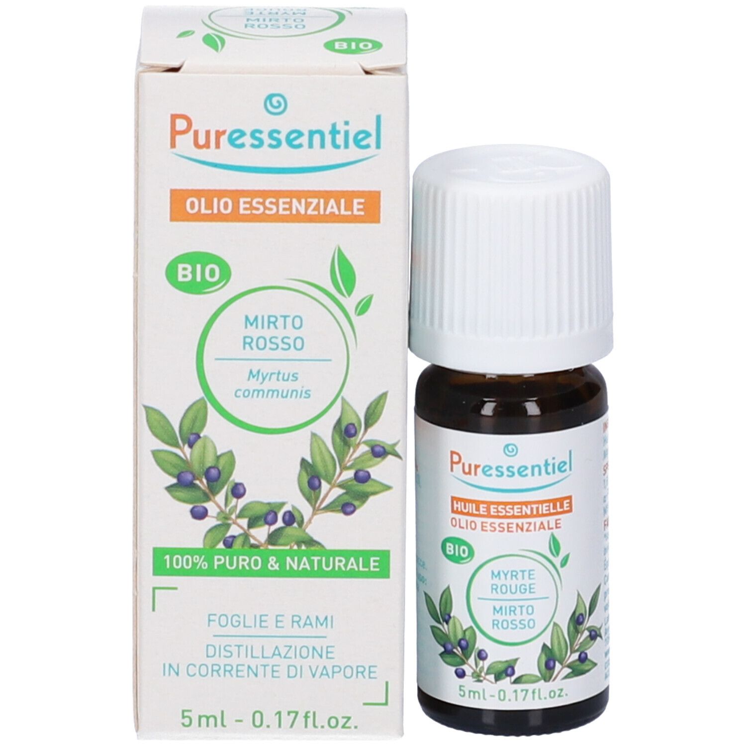 Produktflasche und Verpackung. Weiße Schachtel mit Produktnamen und botanischen Illustrationen. BIO-Zertifizierung.