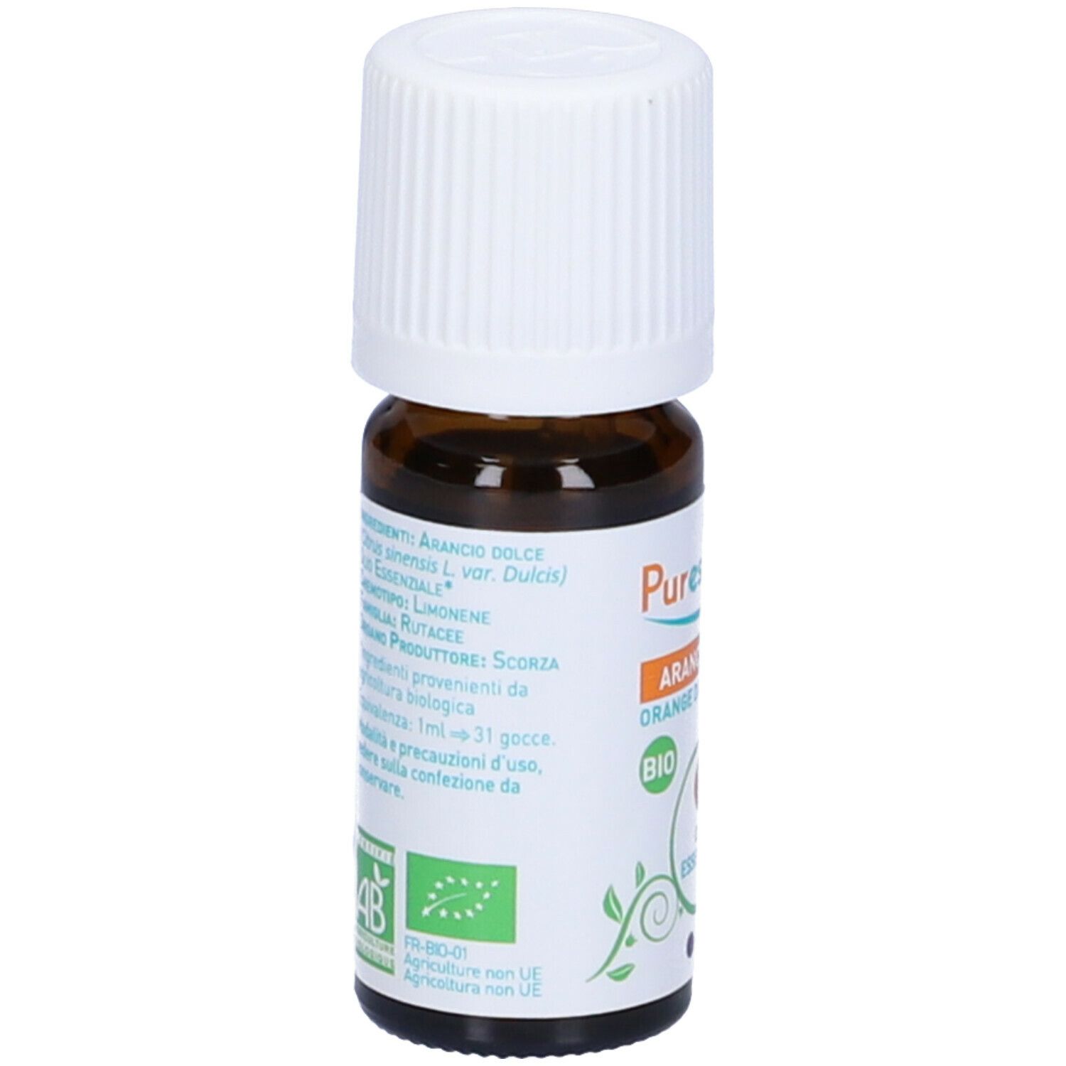 Flacone vetro marrone, tappo bianco. Retro con ingredienti e certificazione Bio. Testo in italiano.