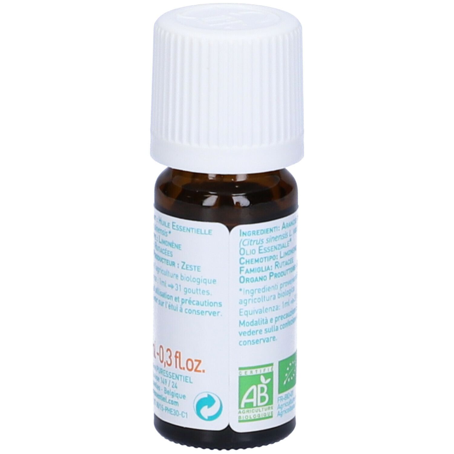 Flacone vetro marrone, tappo bianco. Retro con ingredienti e certificazione Bio. Testo in italiano.
