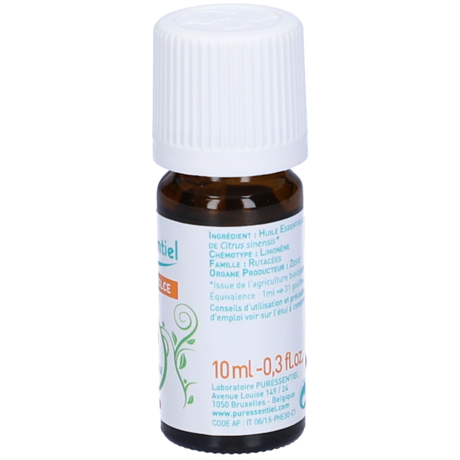 Flacone vetro marrone, tappo bianco. Etichetta con 10 ml e certificazione Bio. Testo in francese.