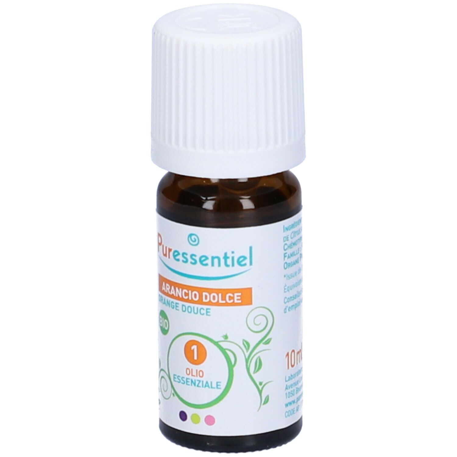Flacone di vetro marrone con tappo bianco. Etichetta "Puressentiel", "Arancio Dolce" e certificazione Bio.