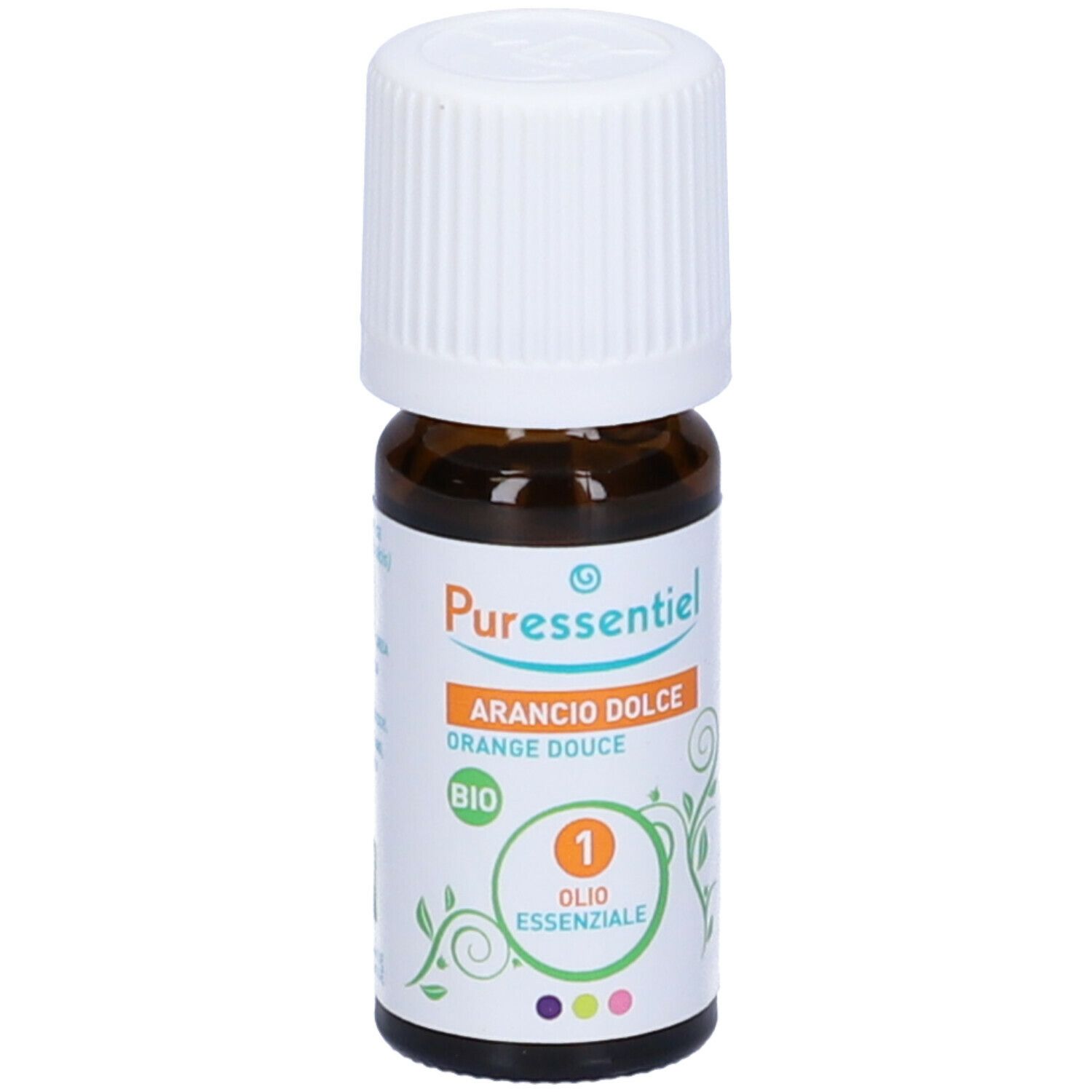 Flacone di vetro marrone con tappo bianco. Etichetta "Puressentiel", "Arancio Dolce" e certificazione Bio.