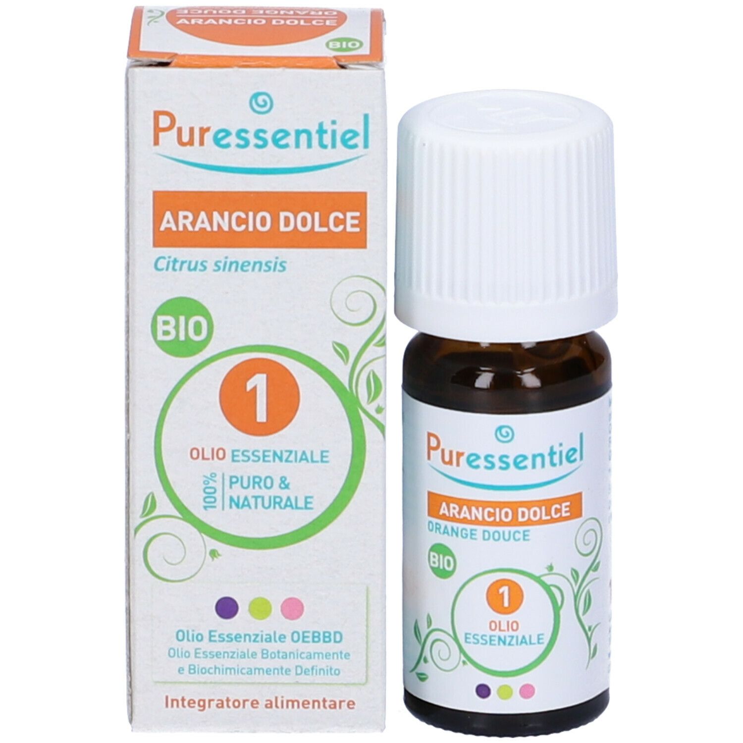 Prodotto con confezione. Flacone marrone e scatola con "Puressentiel" e "Arancio Dolce". Certificazione Bio.