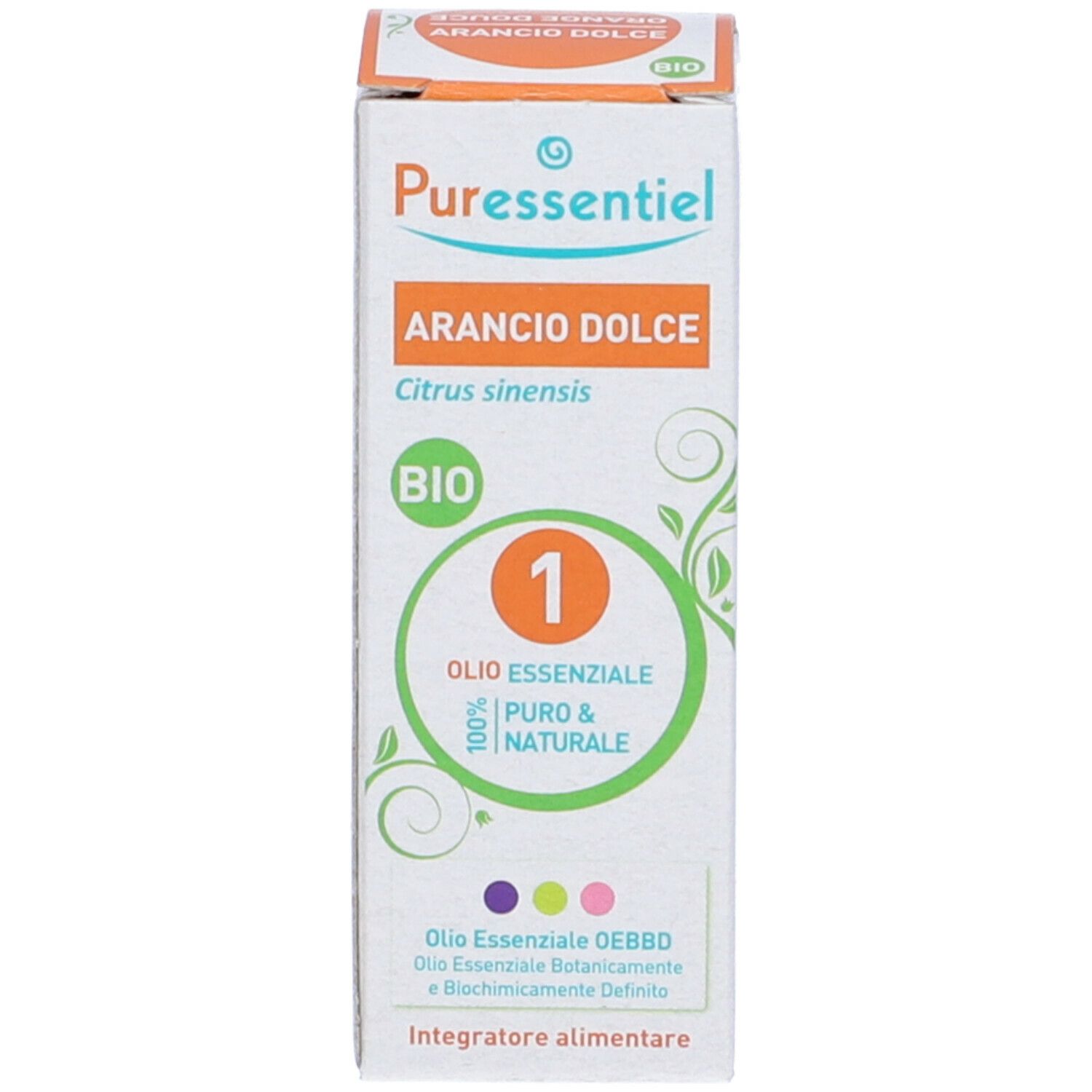 Confezione in cartone con "Puressentiel" e "Arancio Dolce". Certificazione Bio e informazioni prodotto.