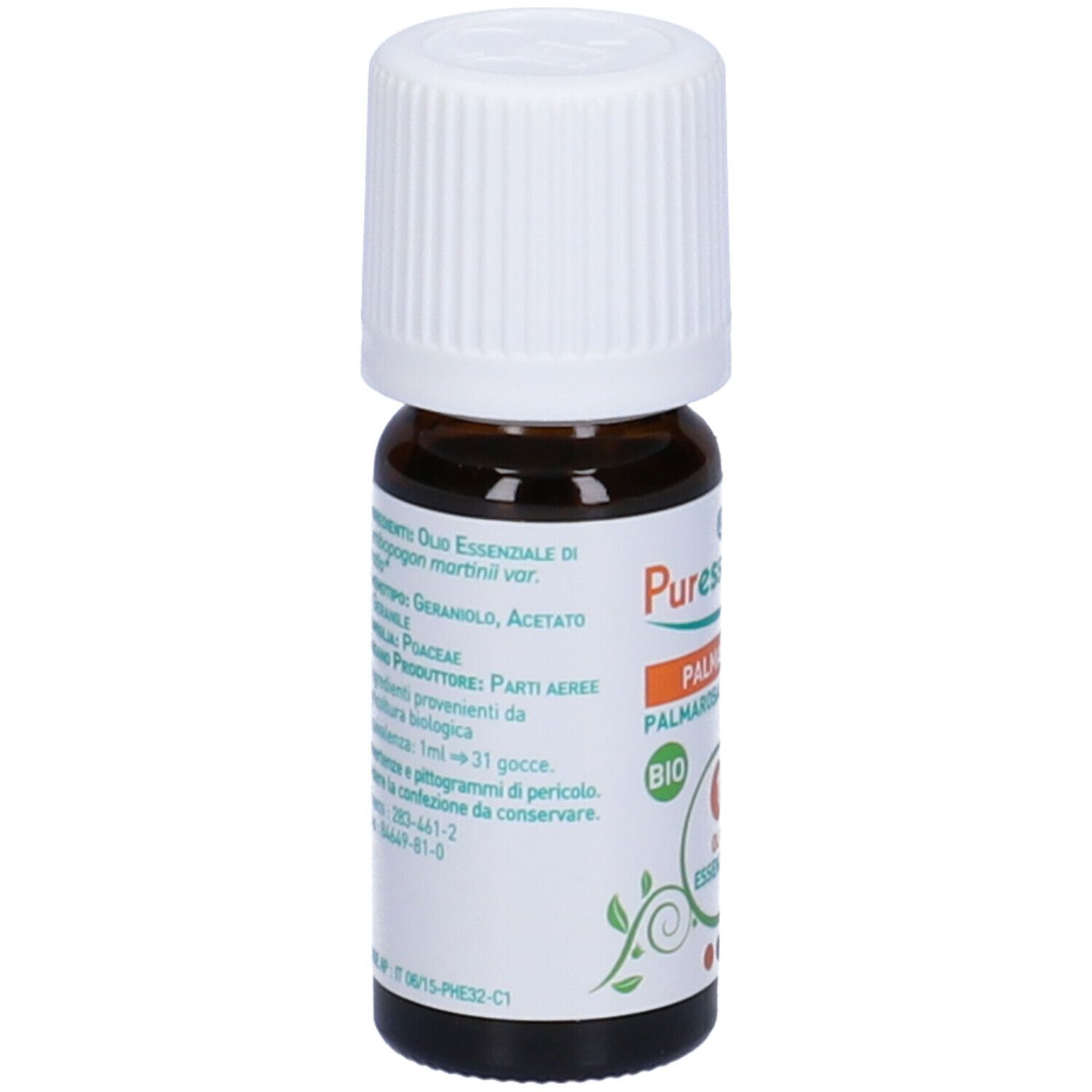 Flacone di vetro marrone con tappo bianco. Retro con informazioni sugli ingredienti e foglie verdi. Testo multilingue.