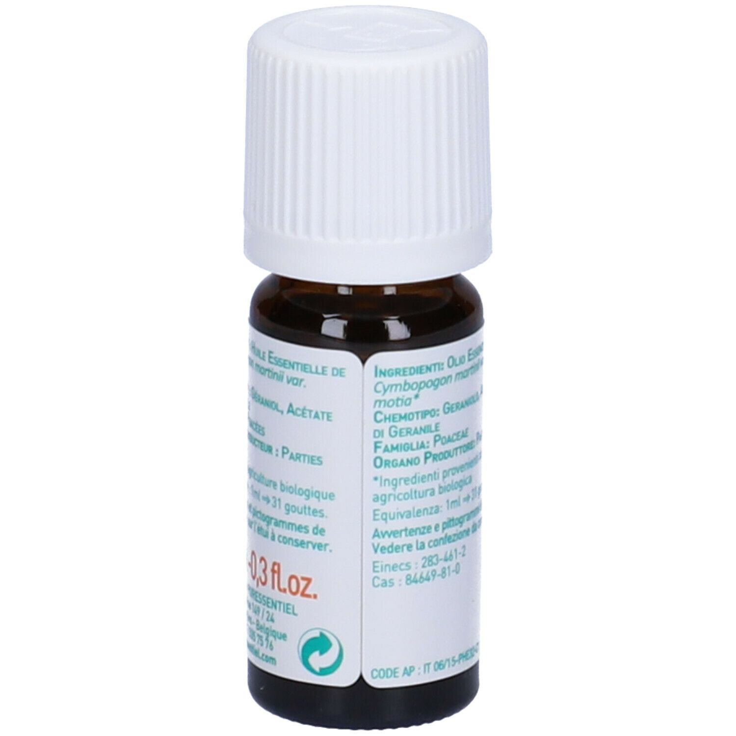 Flacone di vetro marrone con tappo bianco. Retro con informazioni sugli ingredienti e foglie verdi. Testo multilingue.