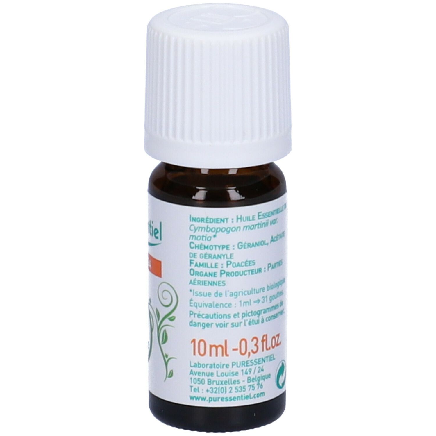 Flacone di vetro marrone con tappo bianco. Etichetta con nome del prodotto e foglie verdi. Striscia arancione con testo.