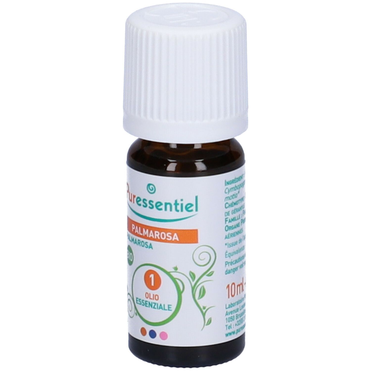 Flacone di vetro marrone con tappo bianco. Etichetta con nome del prodotto e foglie verdi. Striscia arancione con testo.