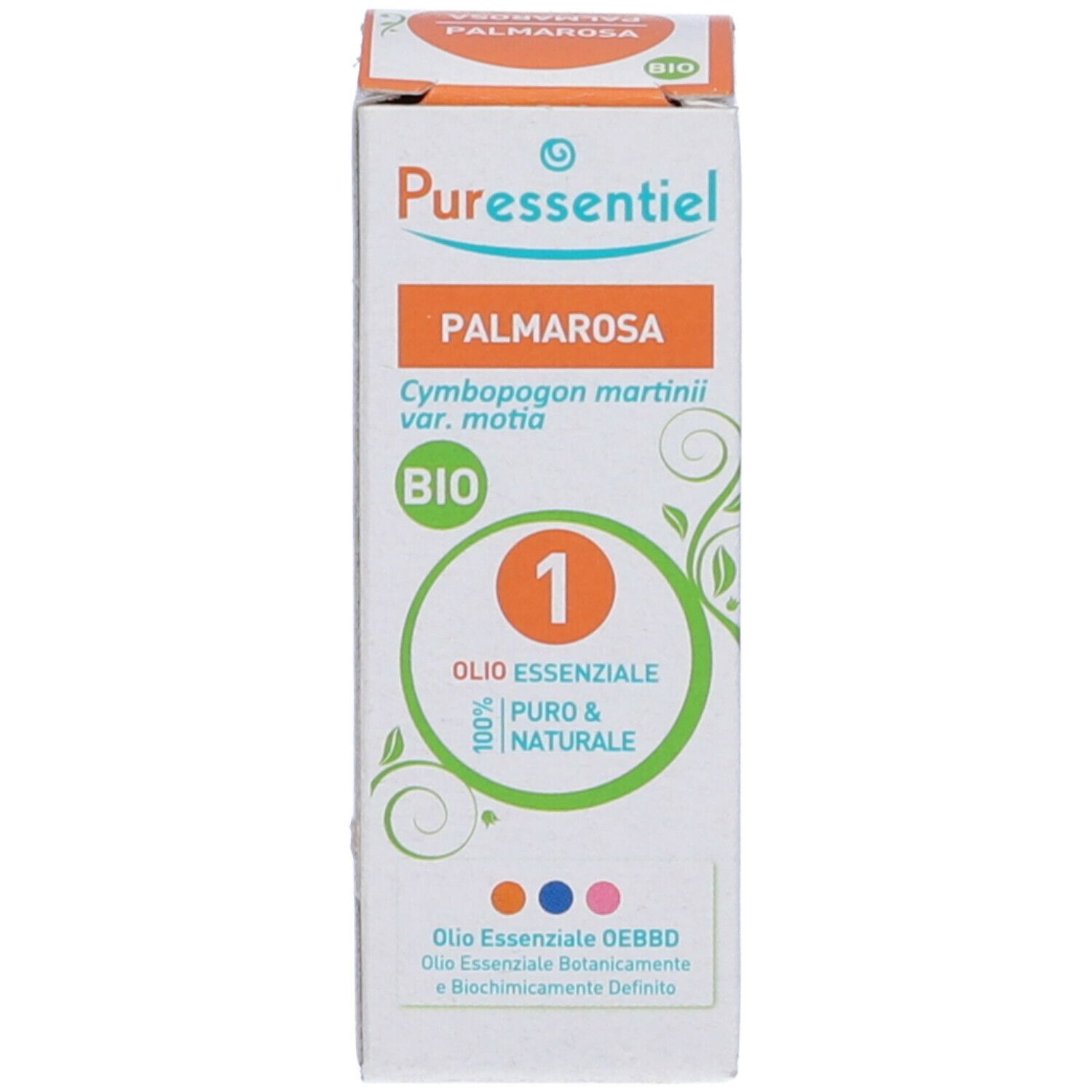 Confezione con nome del prodotto e foglie verdi. Striscia arancione con testo. Flacone di vetro marrone con tappo bianco.