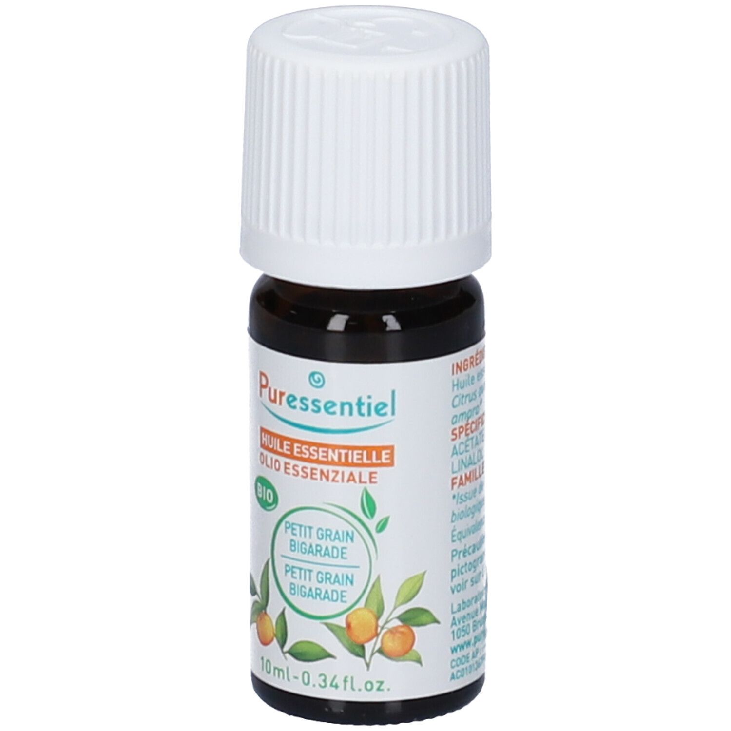 Braune Glasflasche mit weißem Schraubverschluss, 10ml. Etikett mit "Puressentiel BIO Petit Grain Bigarade" und Orangenabbildung.